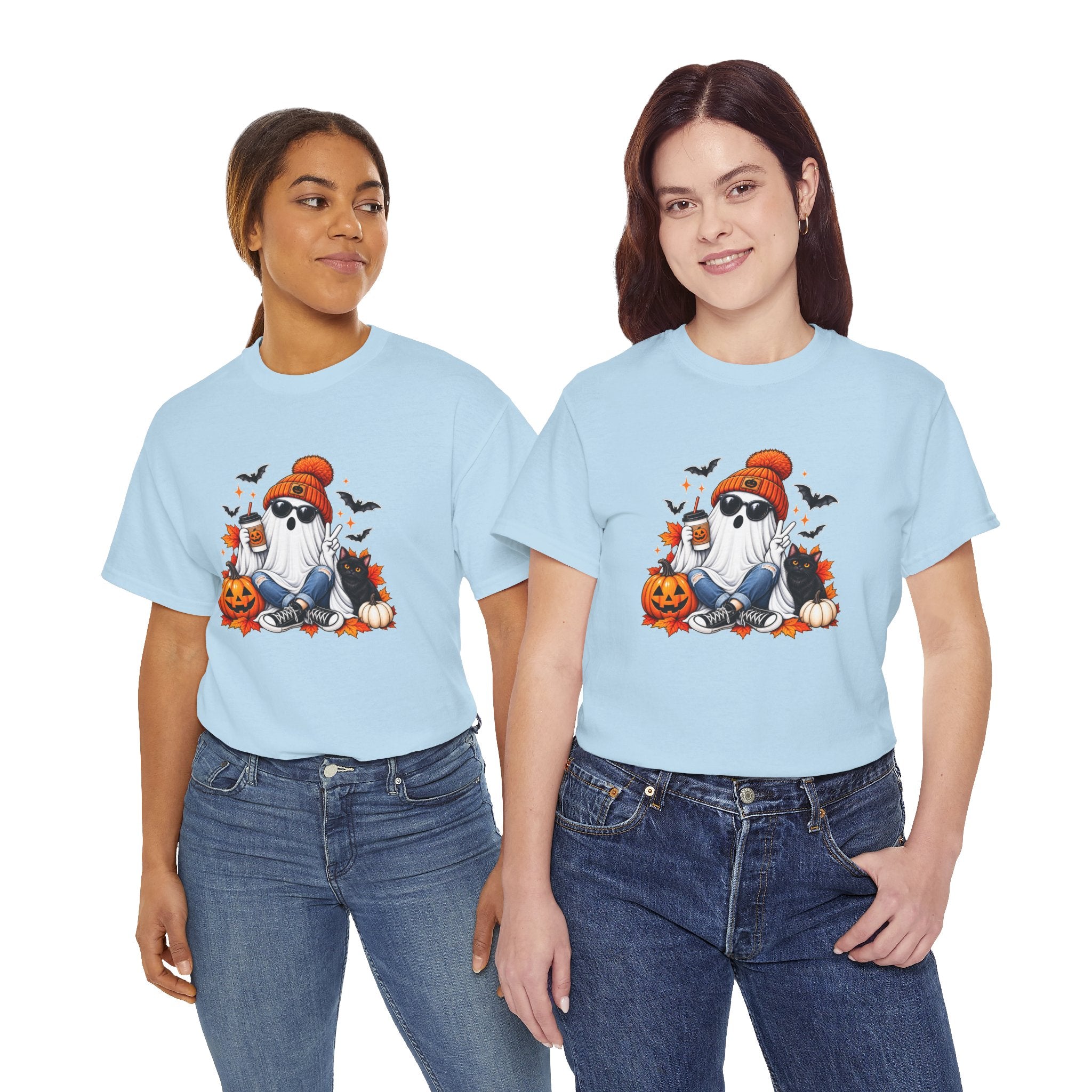 Halloween Ghost T-Shirt, Cute Spooky Pumpkin Cat Tee, Cozy Fall Coffee Graphic Shirt, Halloween Gift for Her