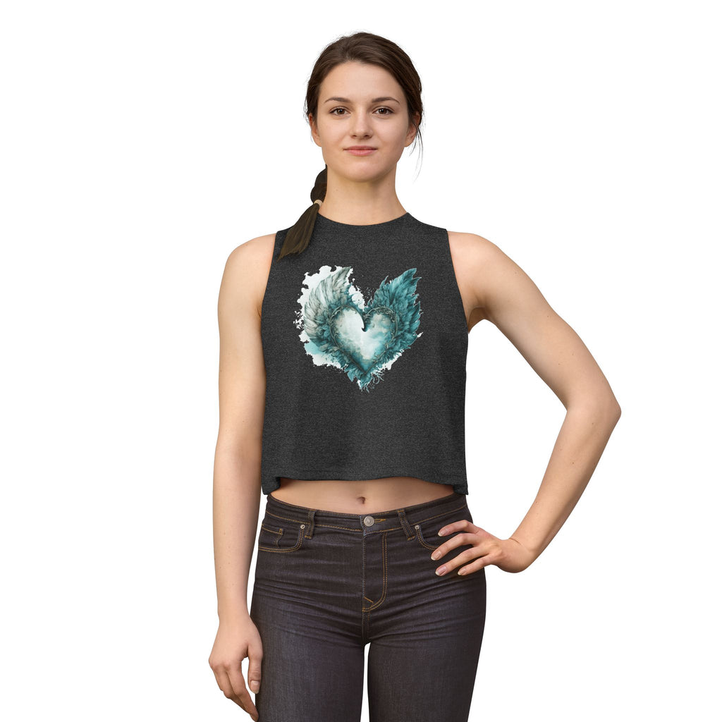 Winged Heart Crop Top, Angel Wings Heart Shirt, Teal Watercolor Graphic Crop Top, Aesthetic Women's Crop Tee