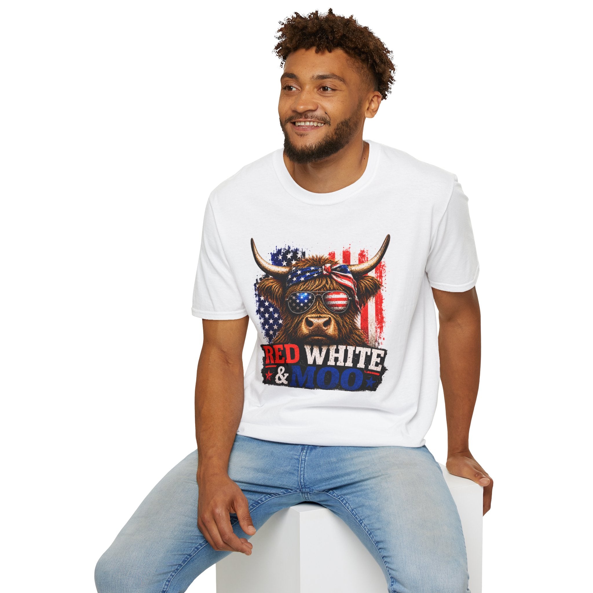 Patriotic Cow Graphic T-Shirt — "Red White & Moo" American Flag Tee