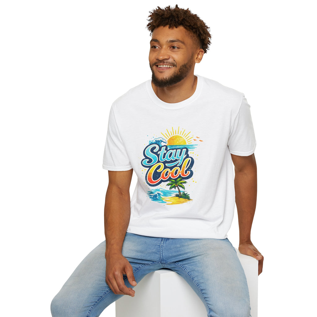 Stay Cool Beach T-Shirt — Vintage Sunset Palm Island Graphic