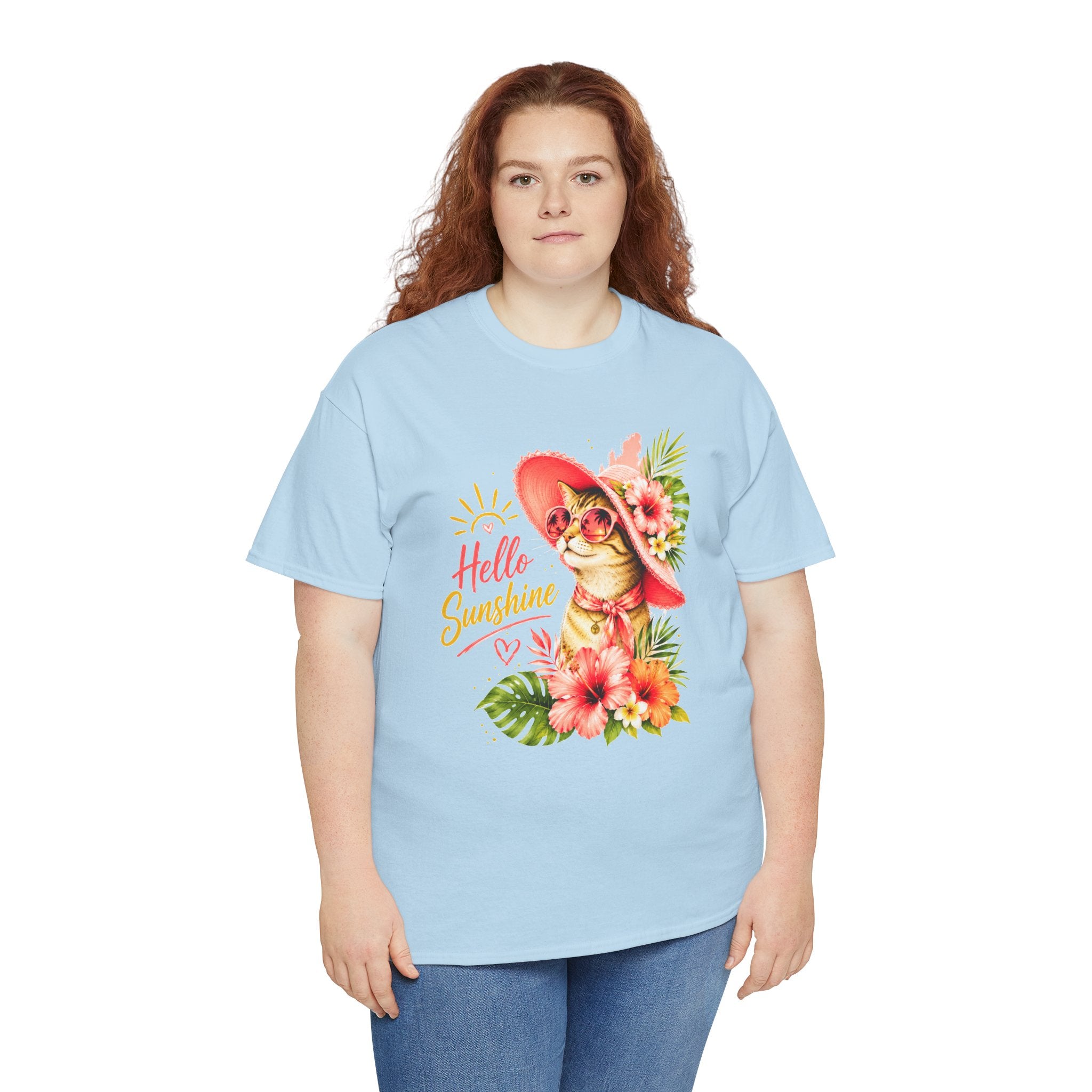 Hello Sunshine Cat Shirt | Cute Floral Cat T-Shirt | Tropical Summer Kitty Tee | Cat Lover Gift | Cute Women's Graphic Tee