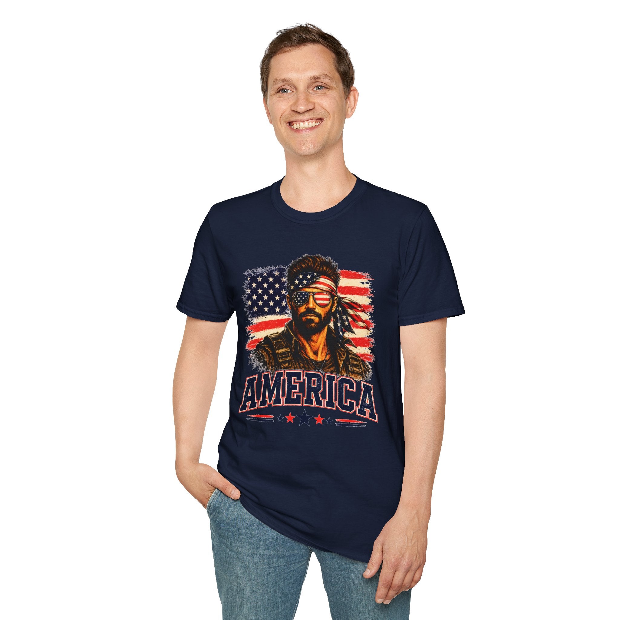 Patriotic Bandana Man T-Shirt — USA Flag Graphic Tee ("America")
