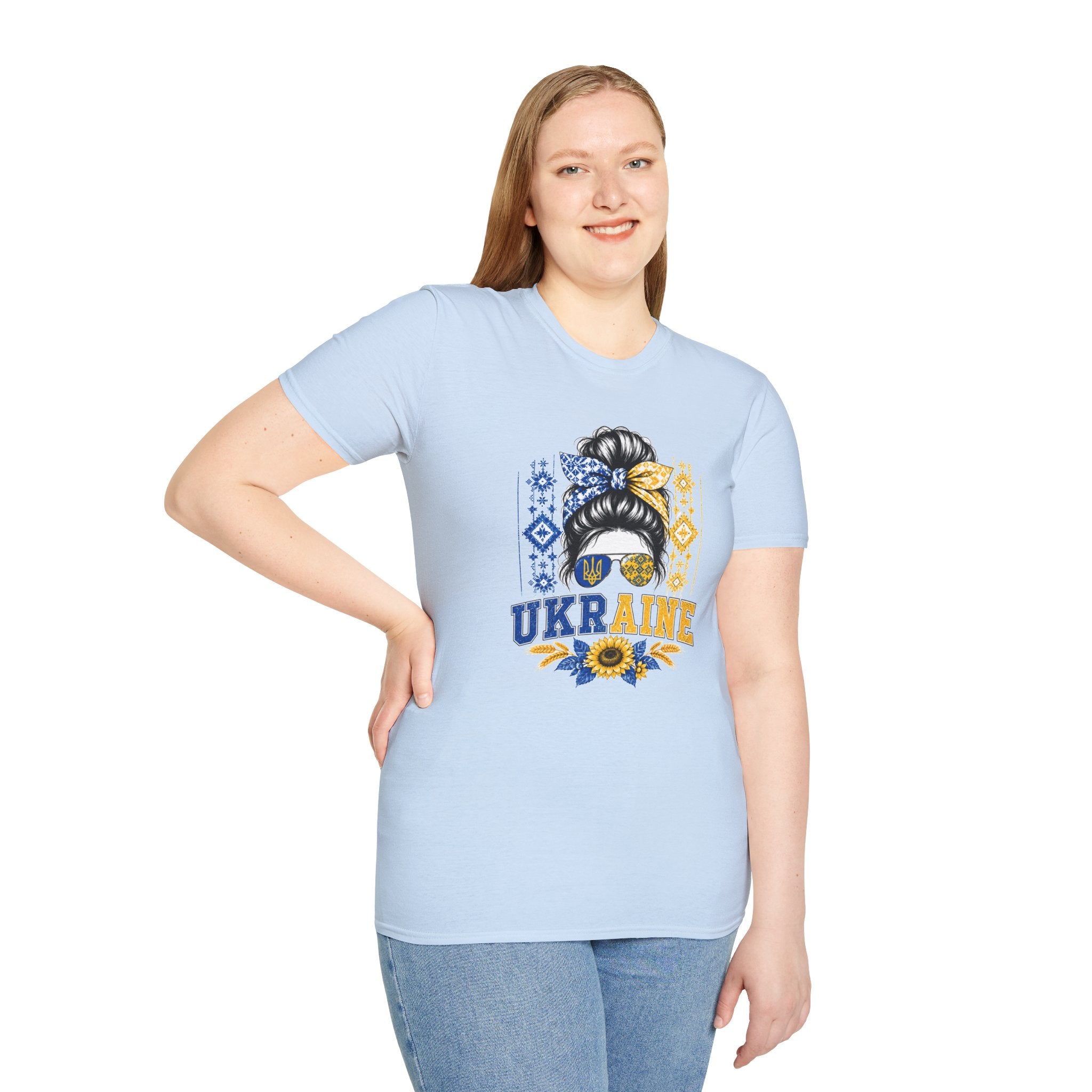 Ukraine Sunflower Hair Bun T-Shirt — Messy Bun with Blue & Yellow Bandana