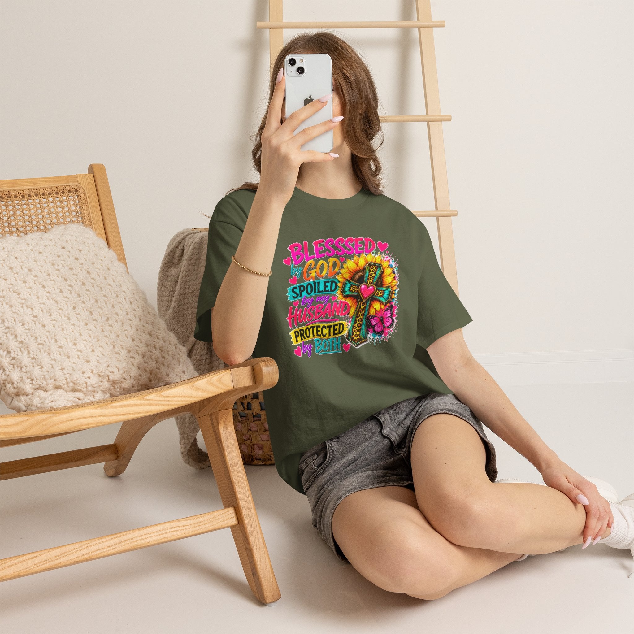 Blessed by God Spoiled by My Husband Shirt, Christian Floral Cross Tee, Faith Graphic T-Shirt for Women, Religious Gift for Wife, Cute Church Shirt