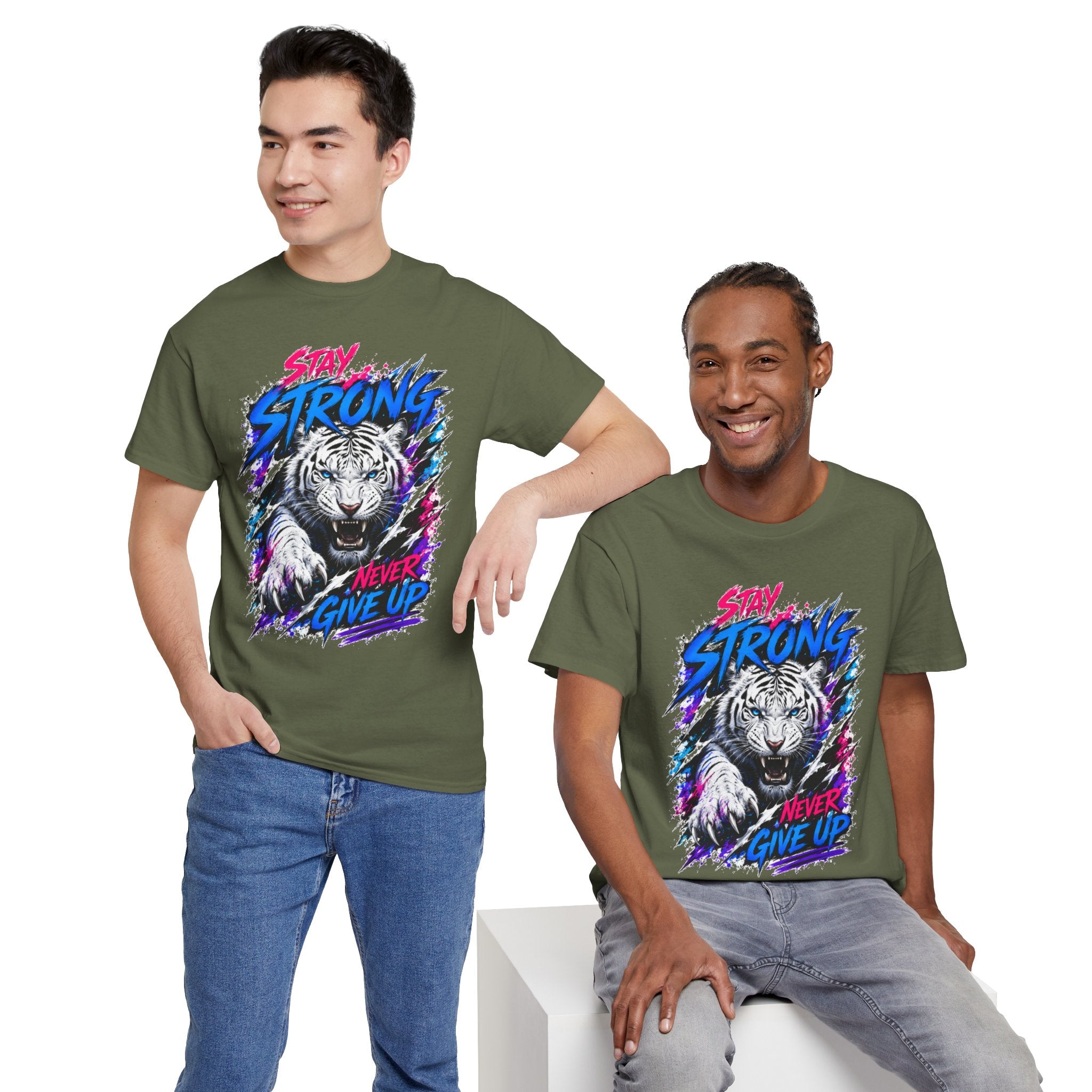Stay Strong Never Give Up Tiger T-Shirt | White Tiger Graphic Tee | Motivational Unisex Shirt | Inspirational Animal Tee | Gift for Tiger Lovers