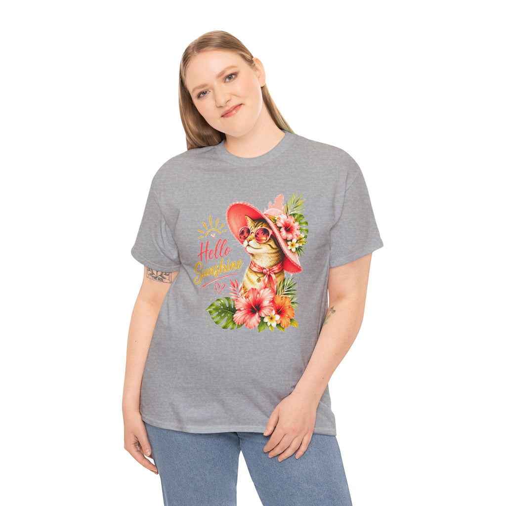 Hello Sunshine Cat Shirt | Cute Floral Cat T-Shirt | Tropical Summer Kitty Tee | Cat Lover Gift | Cute Women's Graphic Tee