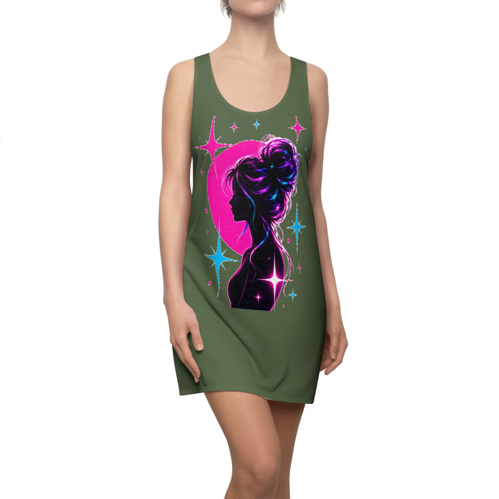Cosmic Silhouette Racerback Dress, Neon Moon Woman Dress, Galaxy Graphic Dress, Sleeveless Summer Dress, Celestial Art Dress, Festival Outfit, Gift for Her