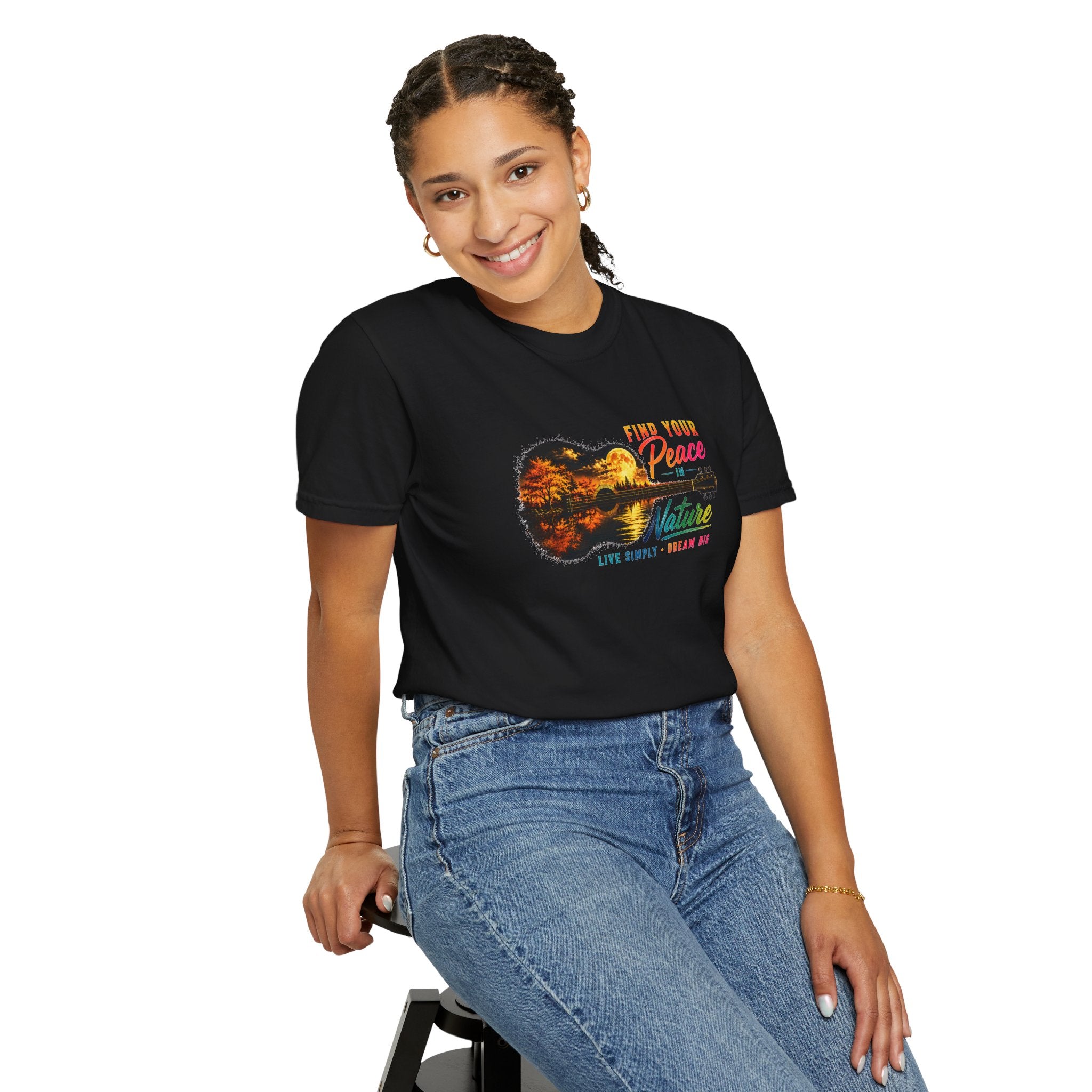 Acoustic Guitar Nature T-Shirt, Find Your Peace in Nature Tee, Music Lover Gift, Camping Shirt, Outdoor Graphic Tee, Hiking Shirt