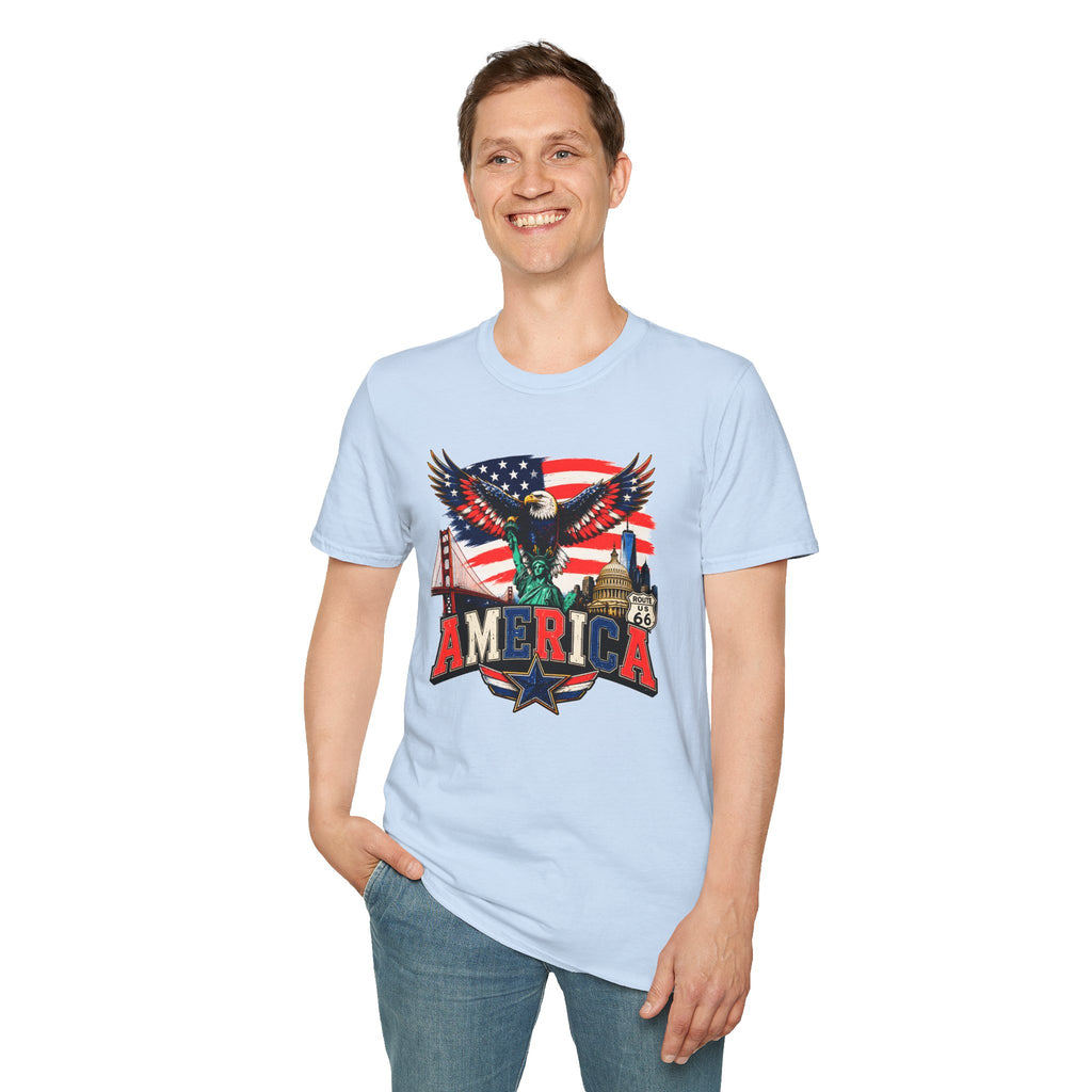 America Eagle Graphic T-Shirt — Patriotic USA Flag & Landmarks Tee (Statue of Liberty, Golden Gate, Capitol, Route 66)