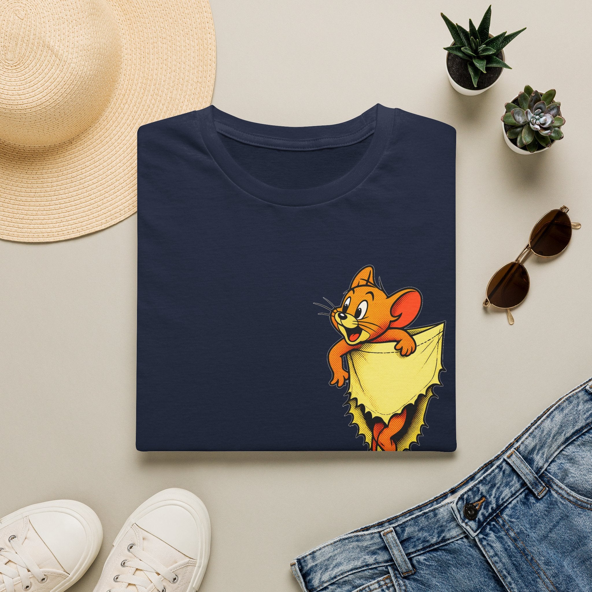 Jerry Pocket Tee — Cute Cartoon Mouse Peeking From Cheese T-Shirt