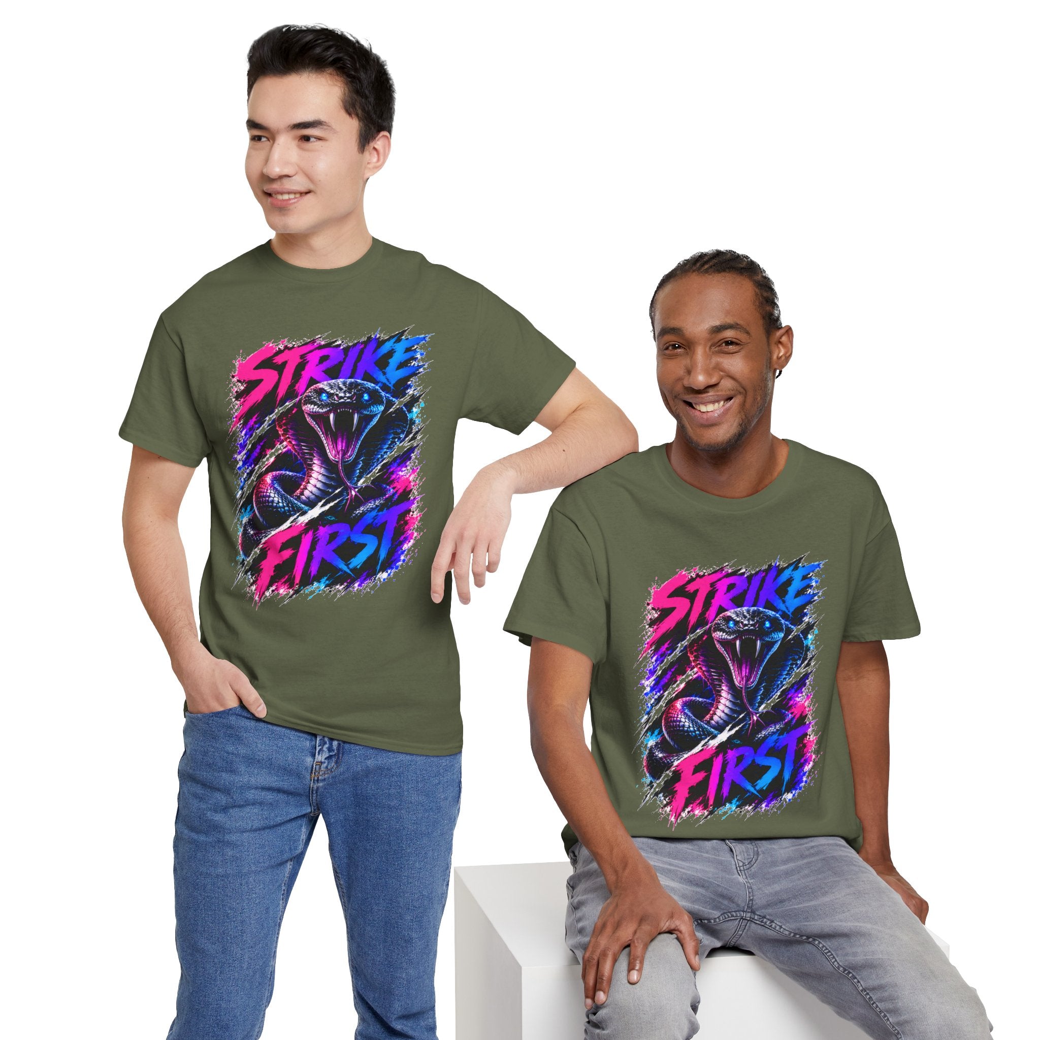 Strike First Cobra T-Shirt | Neon Snake Graphic Tee | Bold Streetwear Shirt | Unisex Graphic Tee