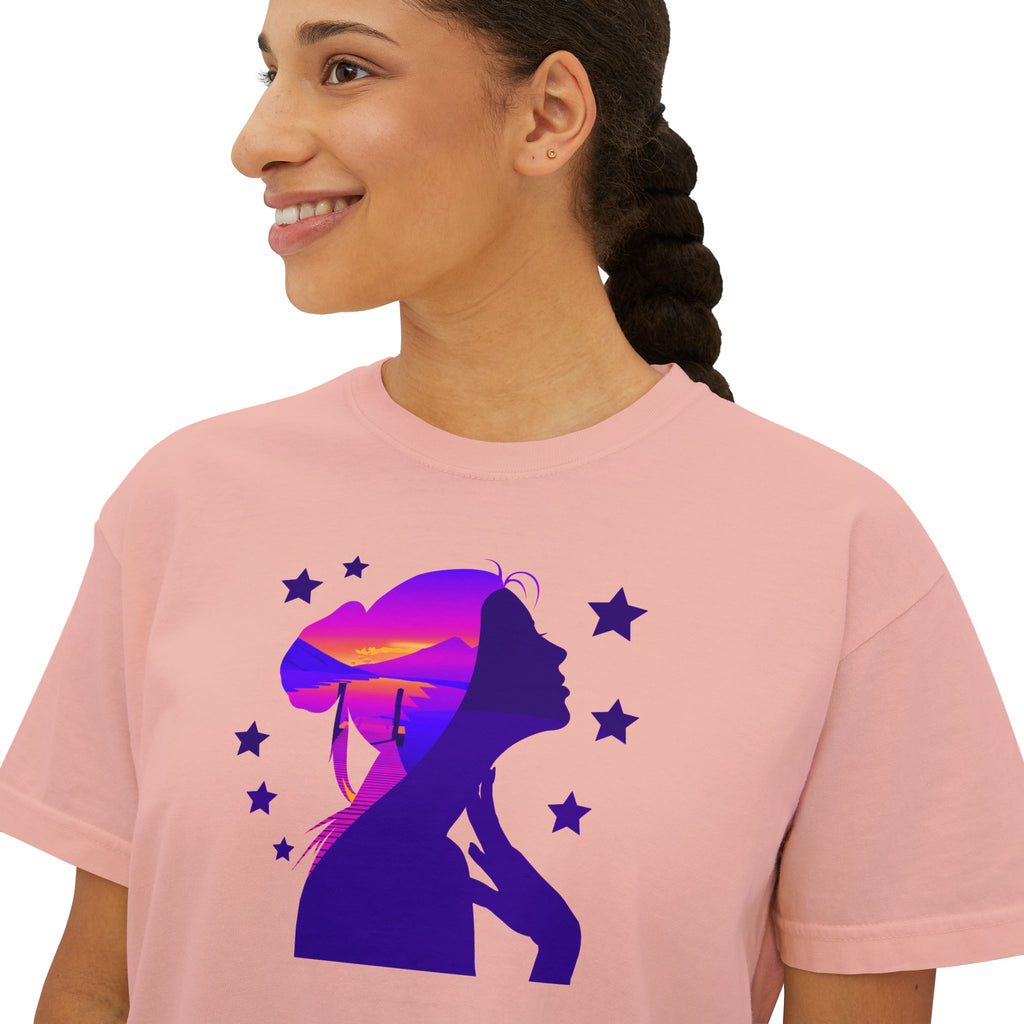 Women's Boxy Tee — Purple Sunset Silhouette Tee for Girls & Teens