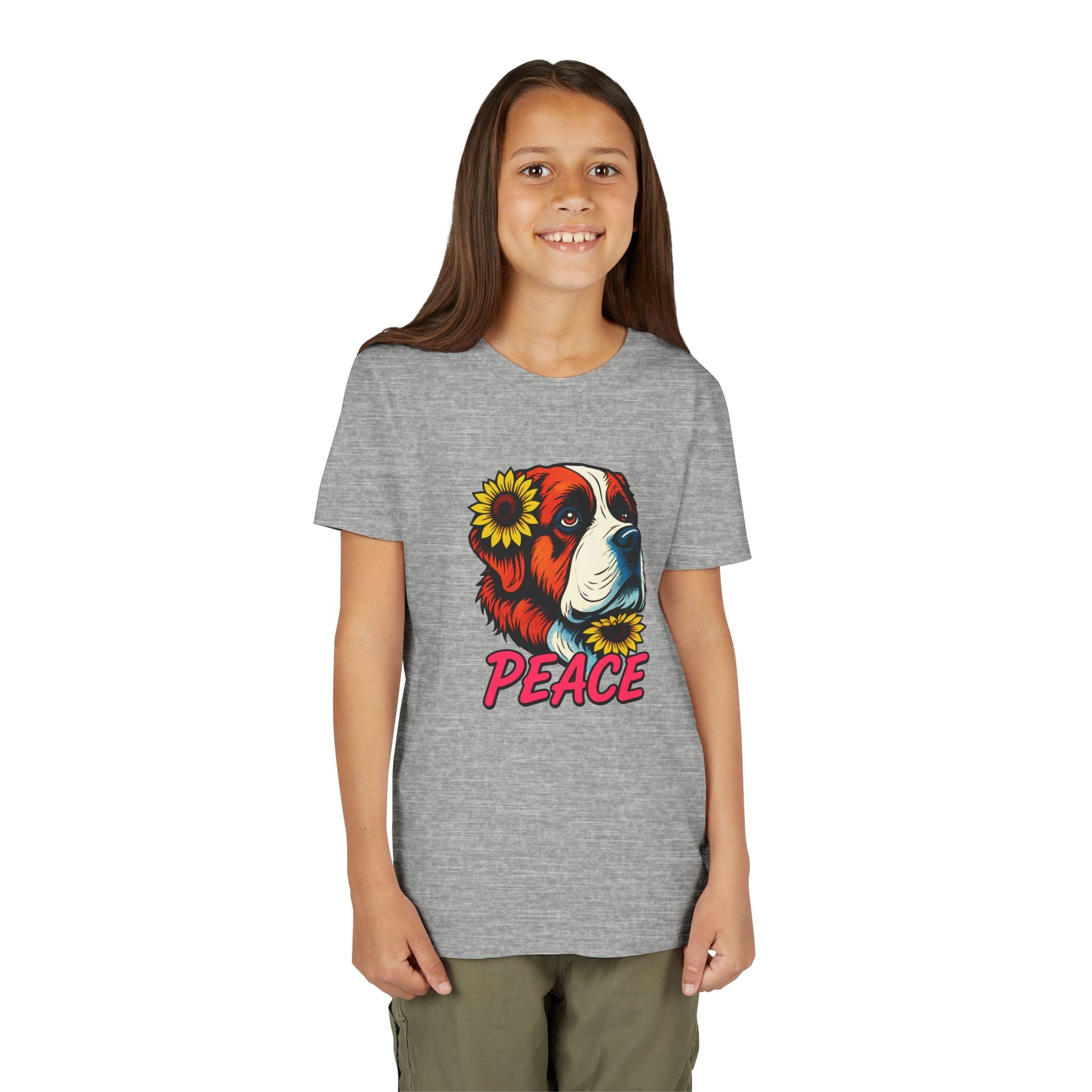 Youth Tee — Saint Bernard Dog with Sunflowers "Peace" Graphic