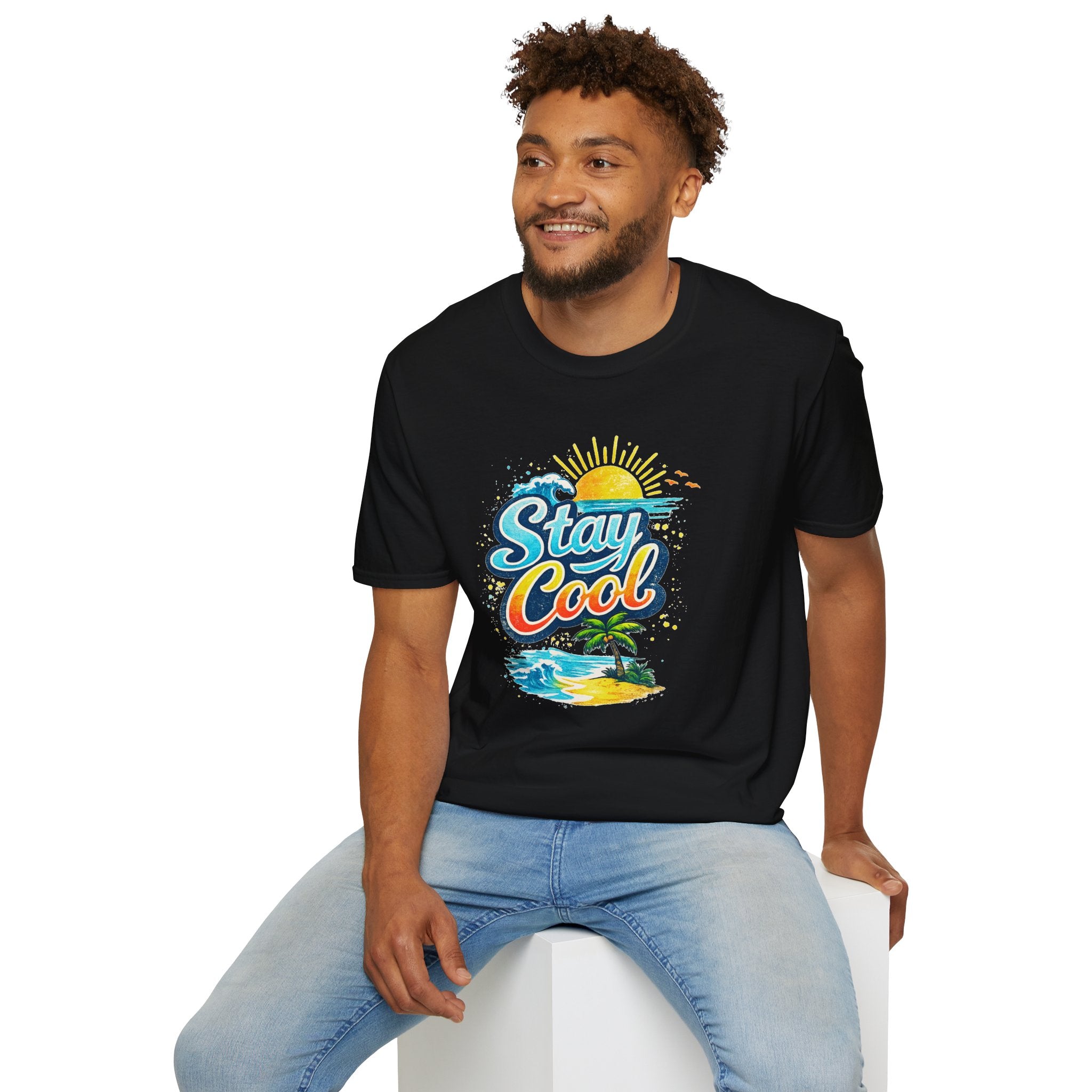 Stay Cool Beach T-Shirt — Vintage Sunset Palm Island Graphic