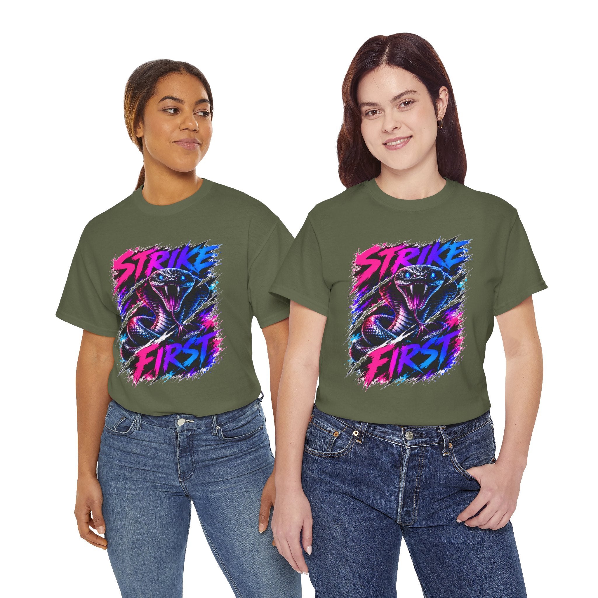 Strike First Cobra T-Shirt | Neon Snake Graphic Tee | Bold Streetwear Shirt | Unisex Graphic Tee