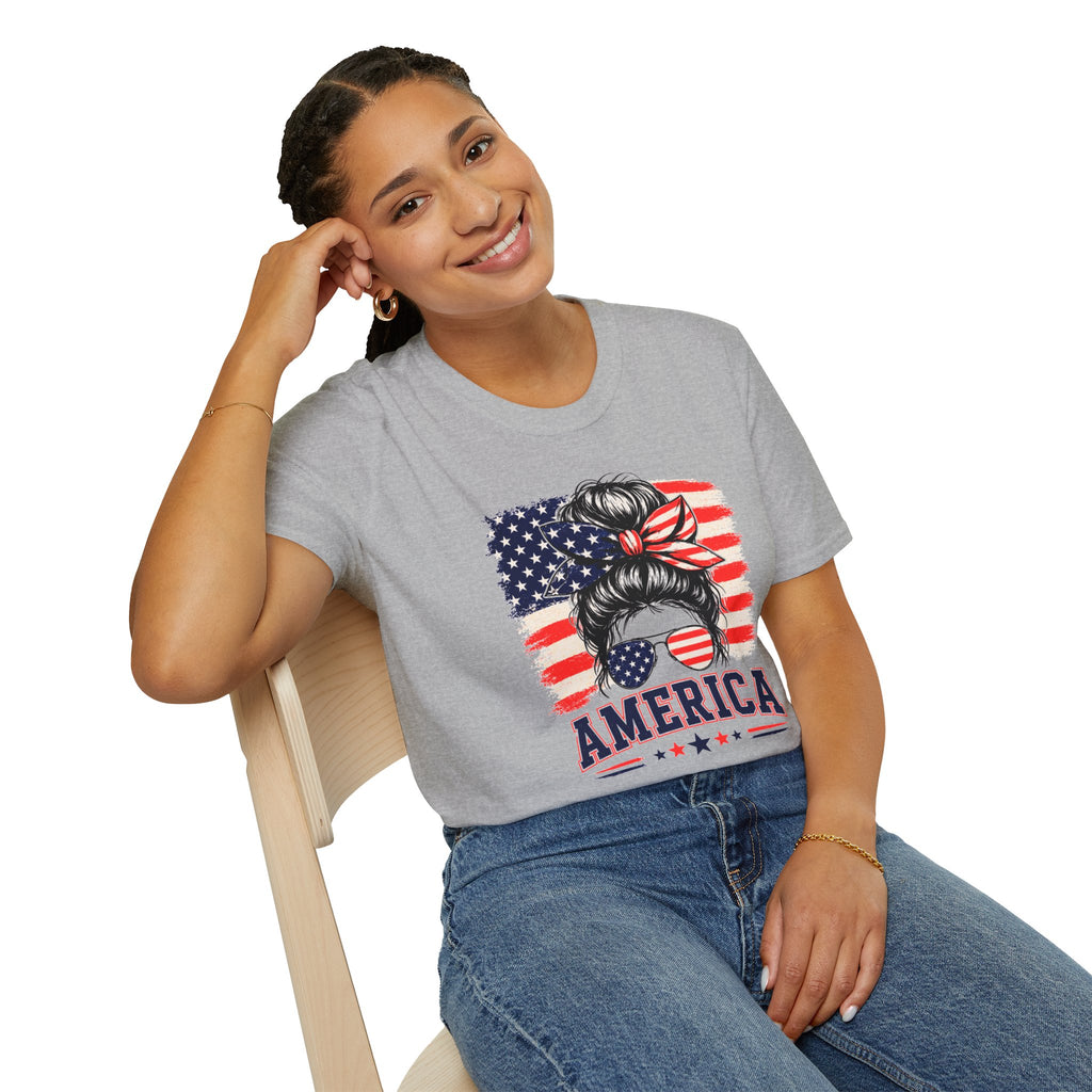 T-Shirt — Messy Bun American Flag Design (Patriotic Hair Band & Sunglasses)