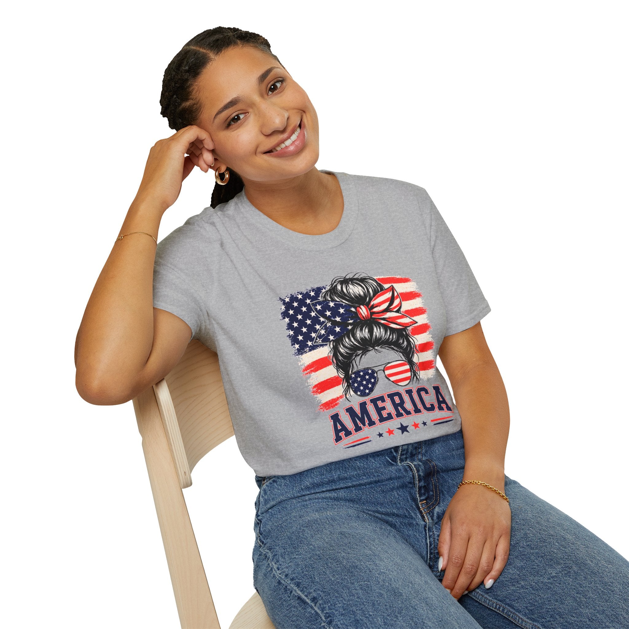 T-Shirt — Messy Bun American Flag Design (Patriotic Hair Band & Sunglasses)