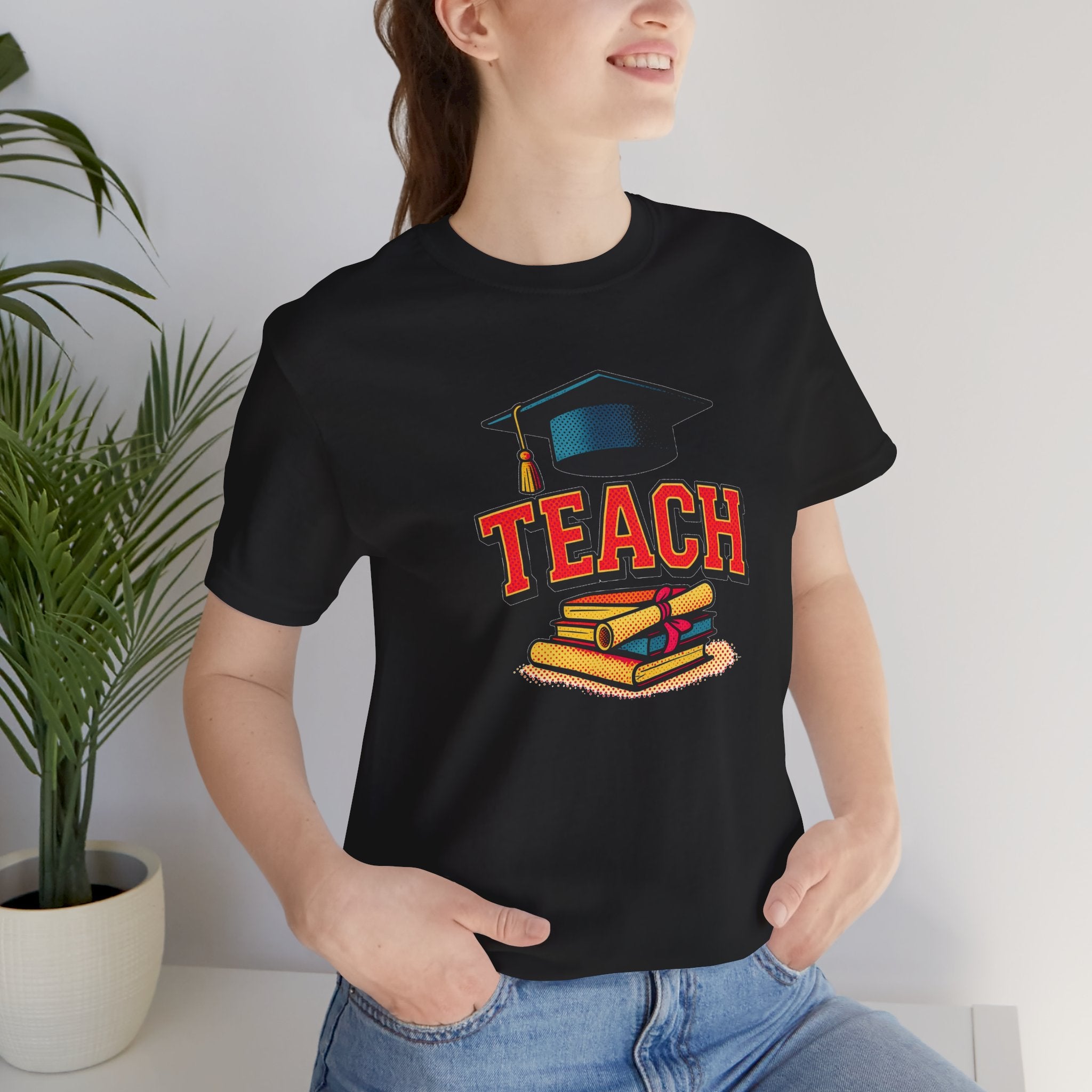 Teach Graduation T‑Shirt — Teacher Gift Tee with Cap & Books Design