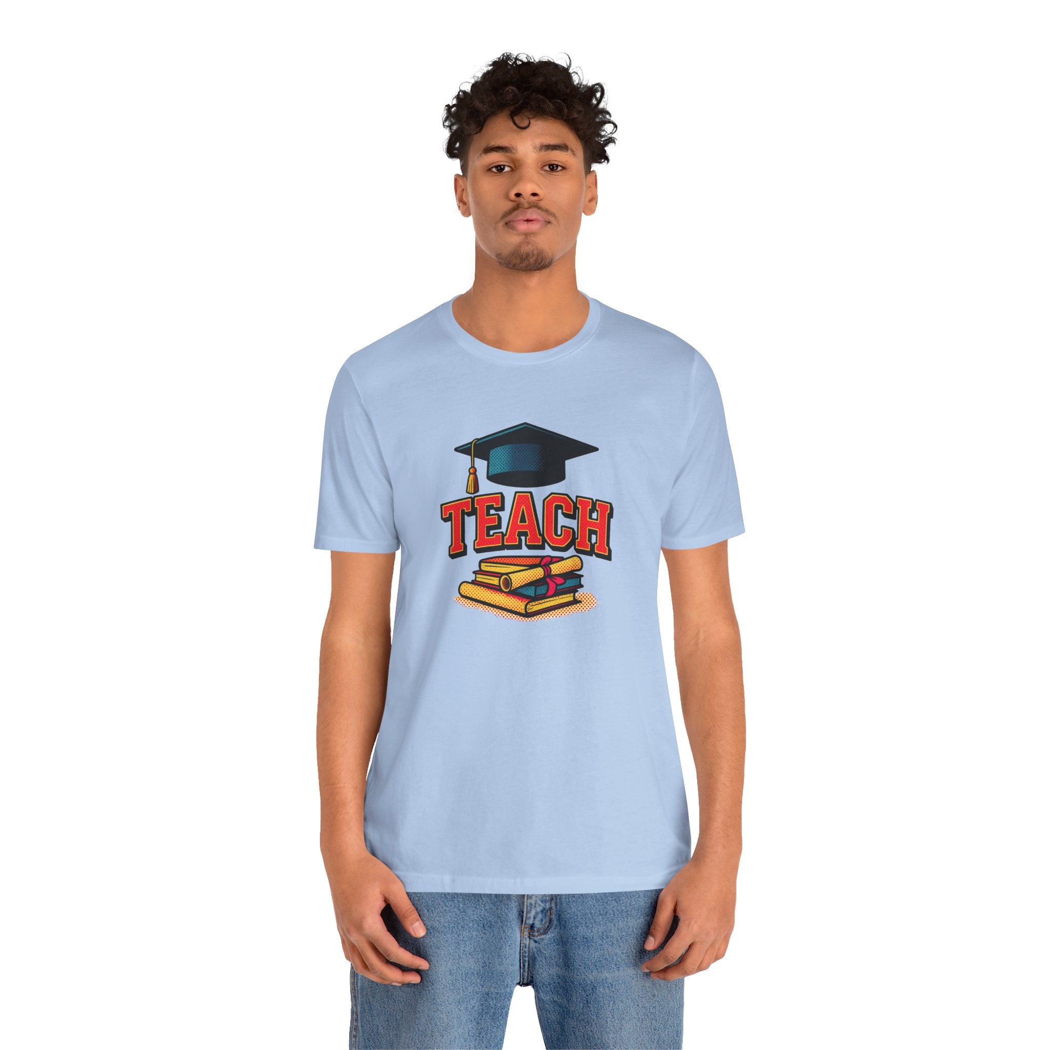Teach Graduation T‑Shirt — Teacher Gift Tee with Cap & Books Design