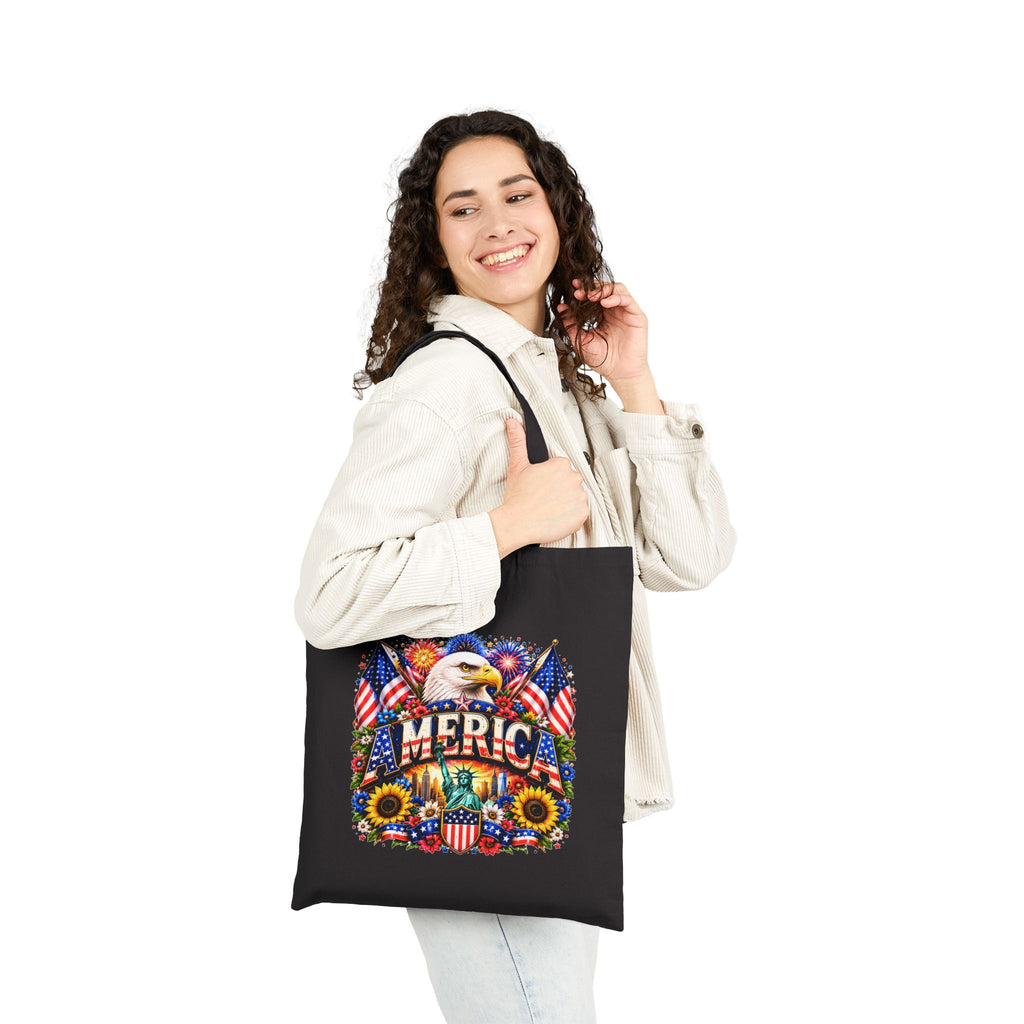 Patriotic America Tote Bag, Eagle Sunflower Tote, USA Flag Market Bag, Fourth of July Gift