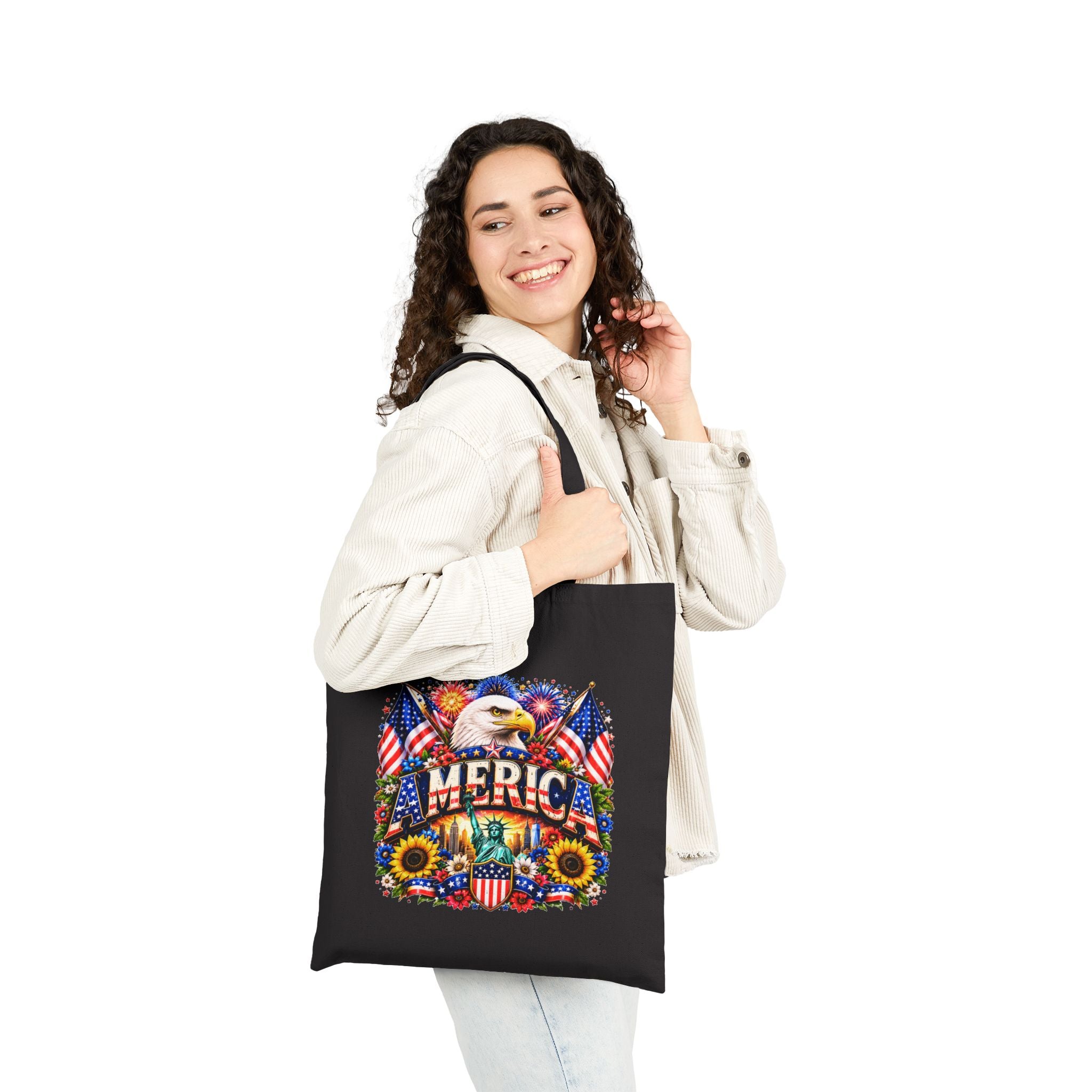 Patriotic America Tote Bag, Eagle Sunflower Tote, USA Flag Market Bag, Fourth of July Gift