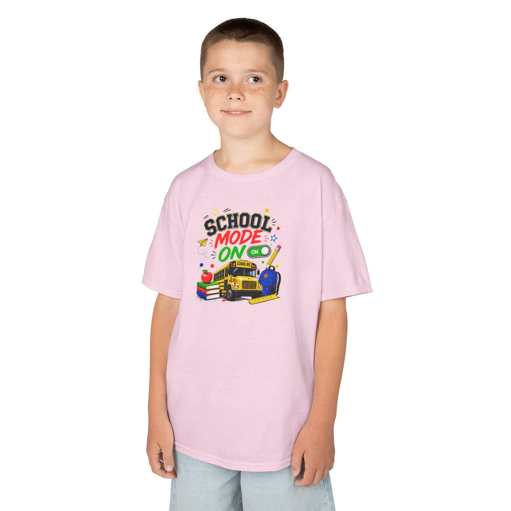 School Mode On Kids T‑Shirt — Back-to-School Graphic Tee with Bus, Books & Apple