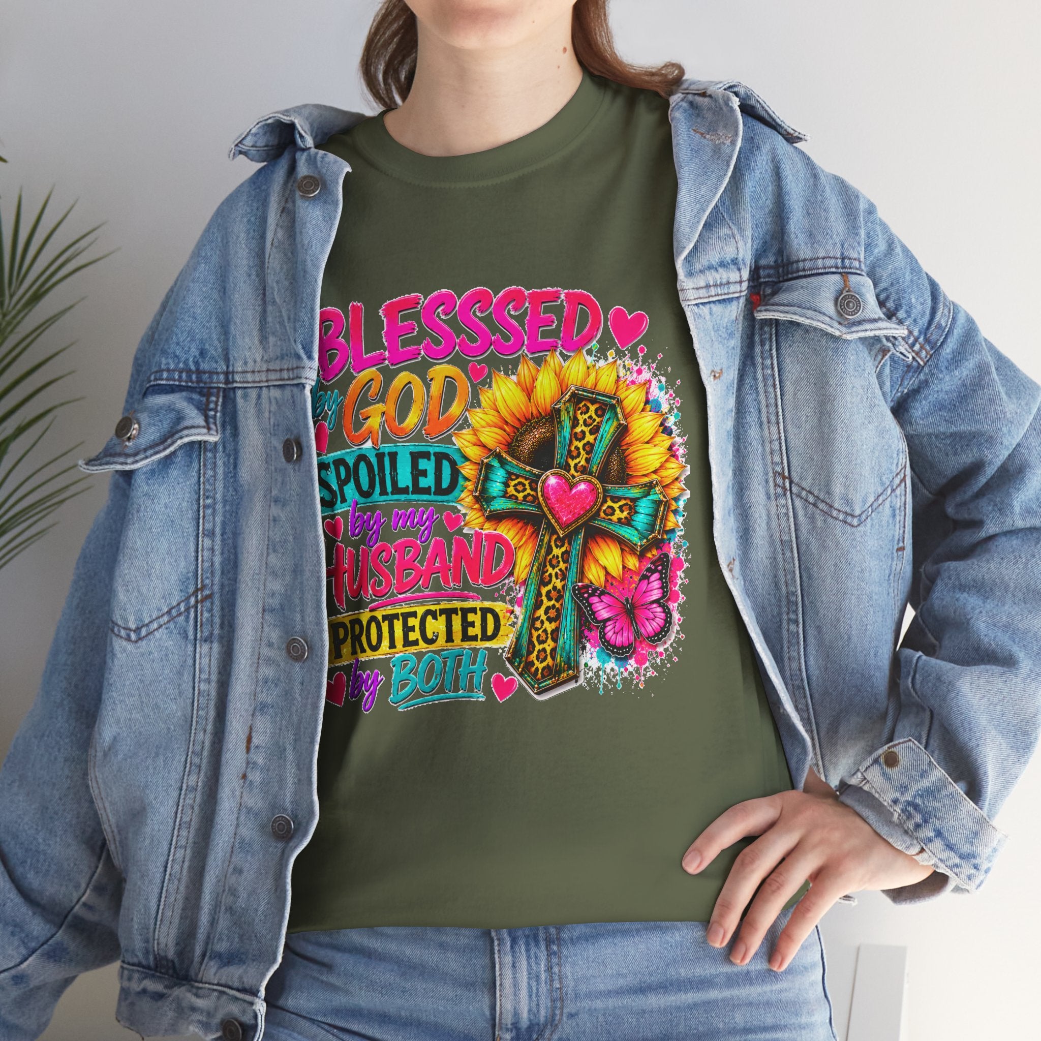 Blessed by God Spoiled by My Husband Tee — Christian Cross Floral Women's Shirt