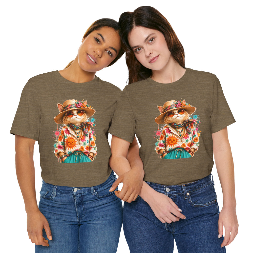 Boho Cat Graphic Tee — Floral Hat & Sunshine Cat T-Shirt