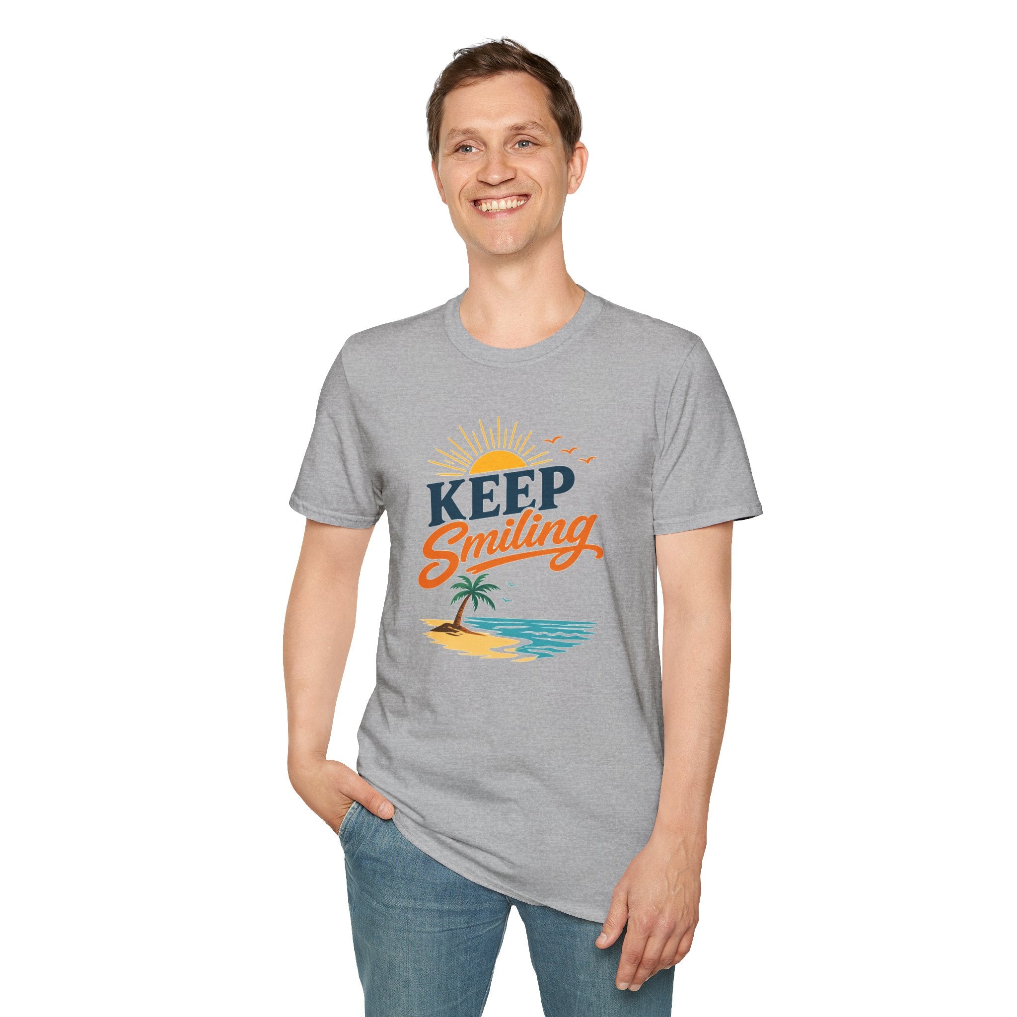Keep Smiling Beach T-Shirt – Retro Sunset Palm Tee