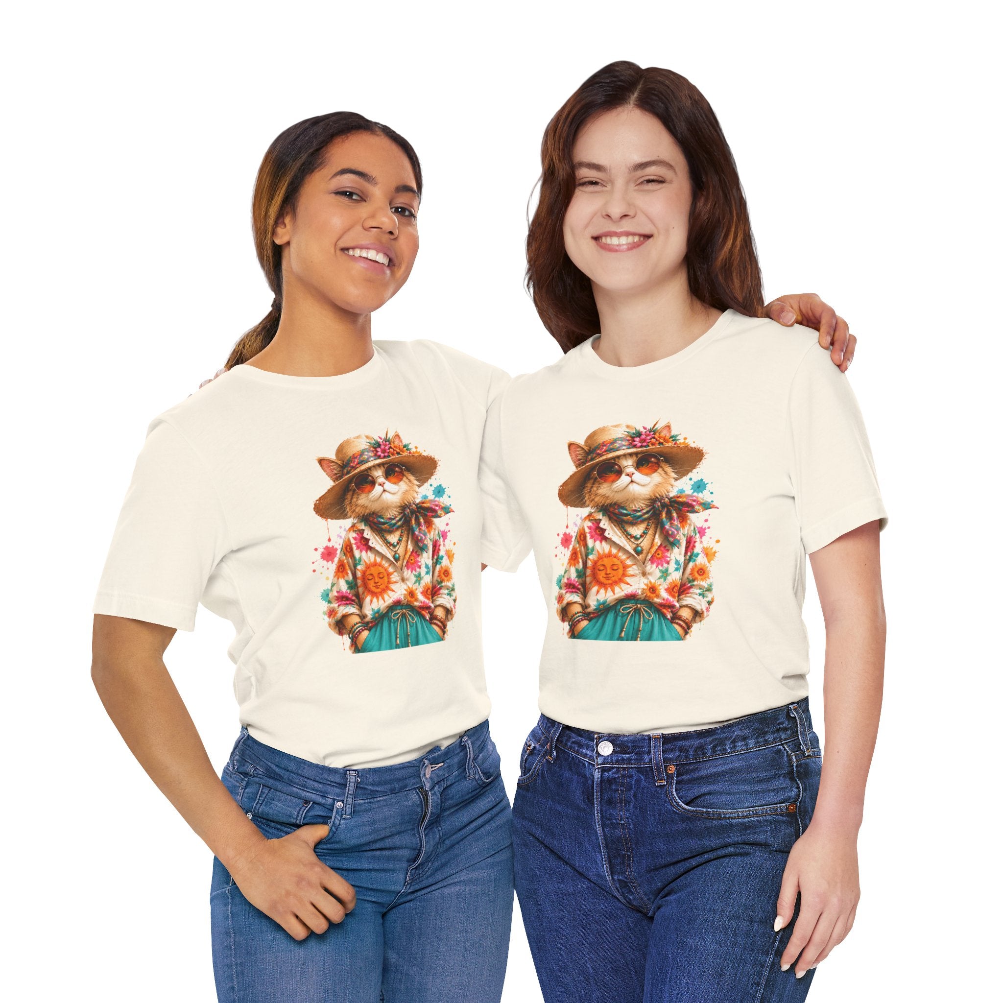 Boho Cat Graphic Tee — Floral Hat & Sunshine Cat T-Shirt