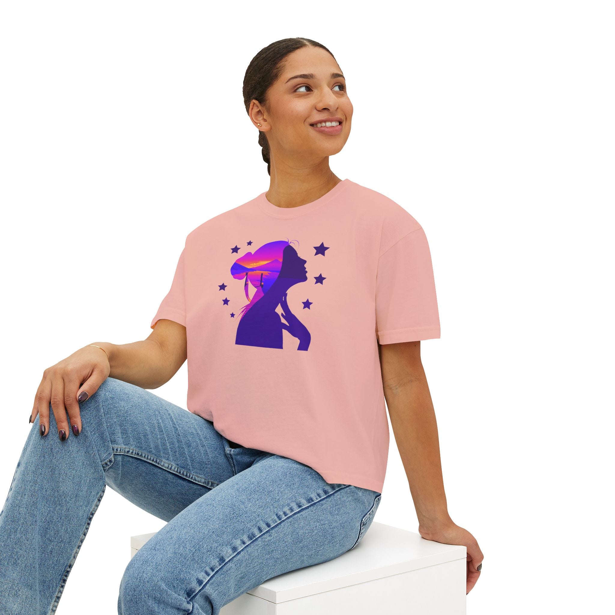 Women's Boxy Tee — Purple Sunset Silhouette Tee for Girls & Teens