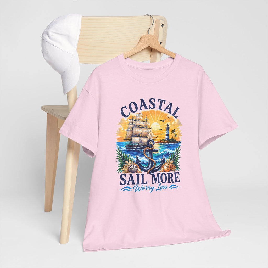Coastal Sail More Worry Less T-Shirt | Nautical Beach Graphic Tee | Sailing Lover Shirt | Ocean Sunset Gift