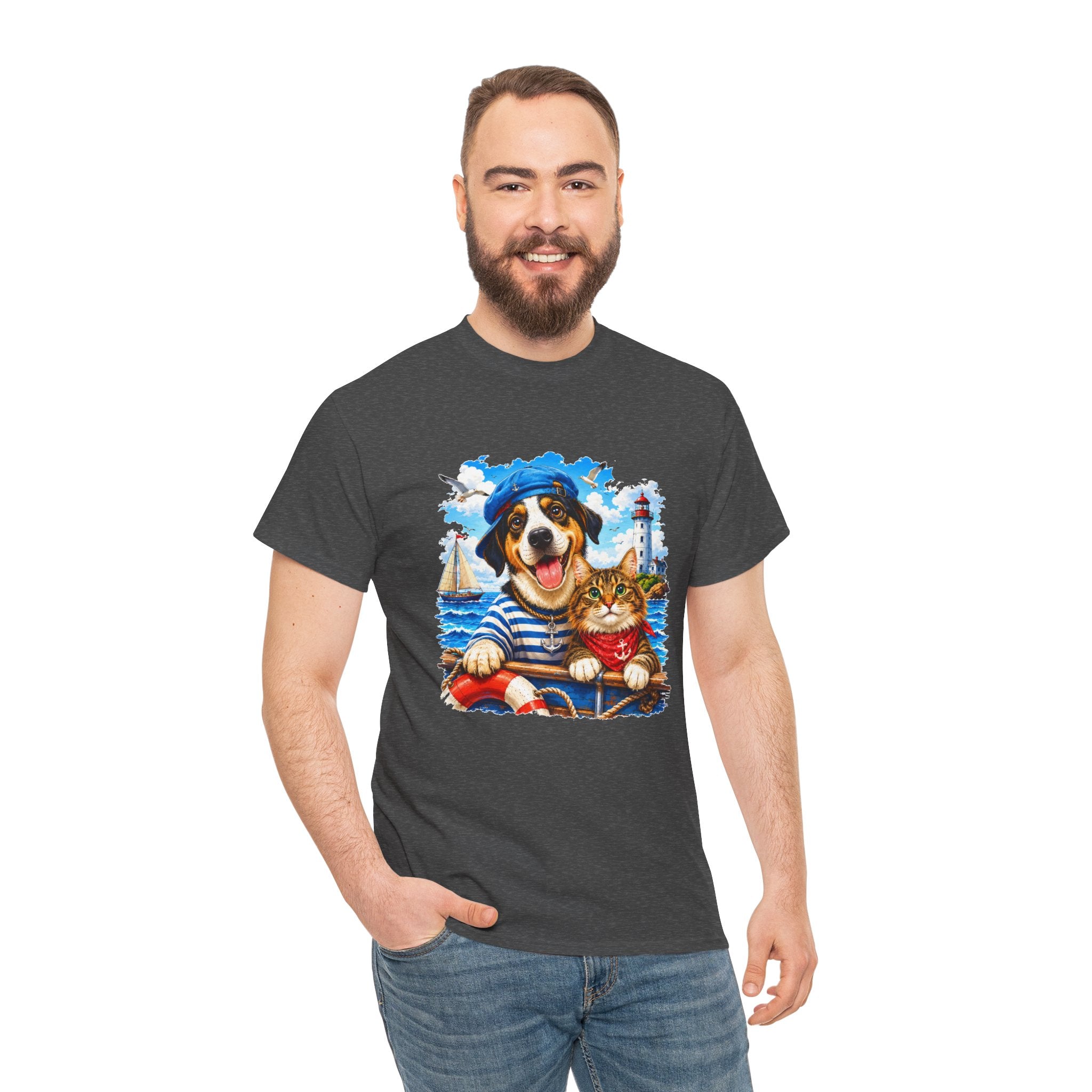Nautical Dog & Cat T-Shirt | Sailor Pet Graphic Tee | Coastal Animal Lover Shirt | Beach Dog Cat Gift