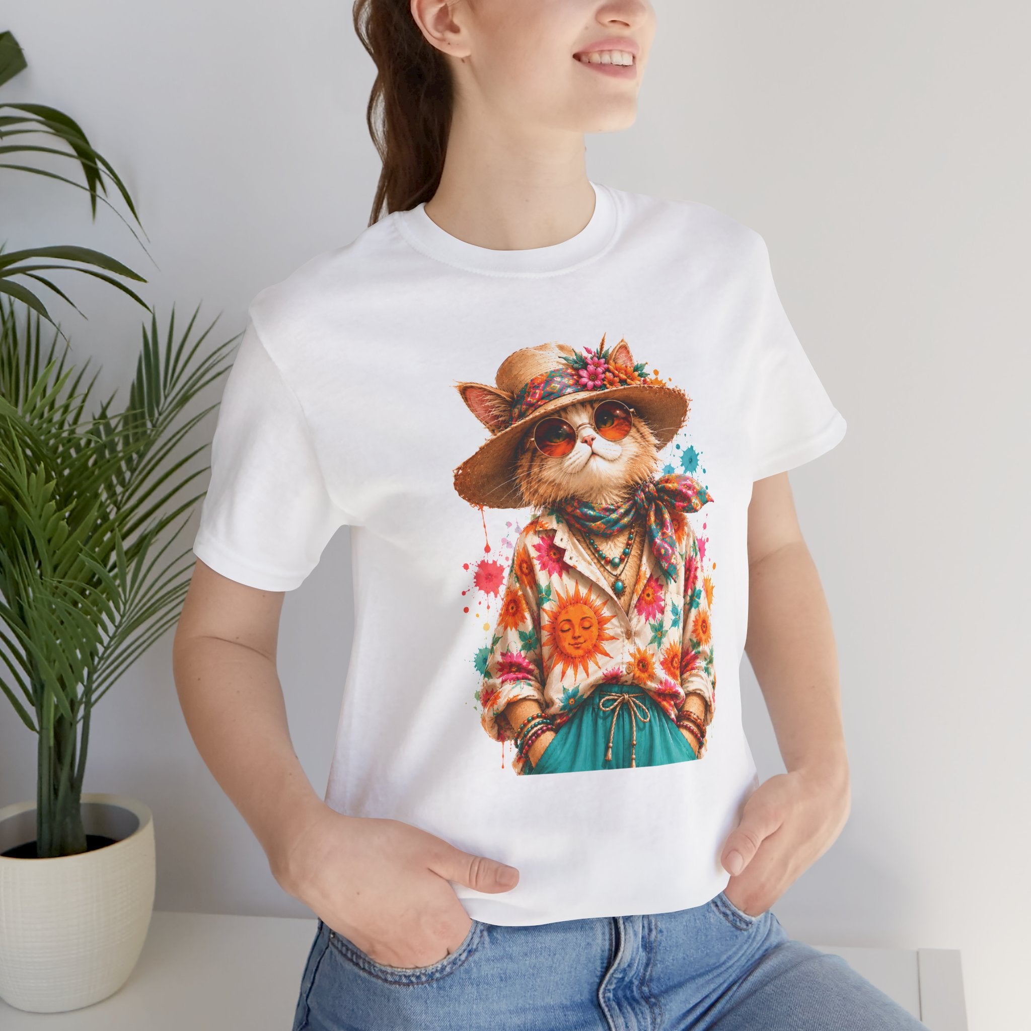 Boho Cat Graphic Tee — Floral Hat & Sunshine Cat T-Shirt