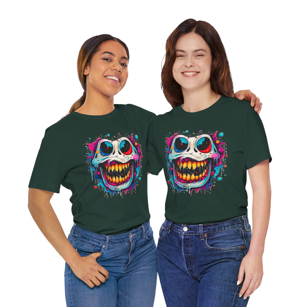 Unisex Skull Smile Tee -Vibrant Neon Drip Horror Graphic T Shirt