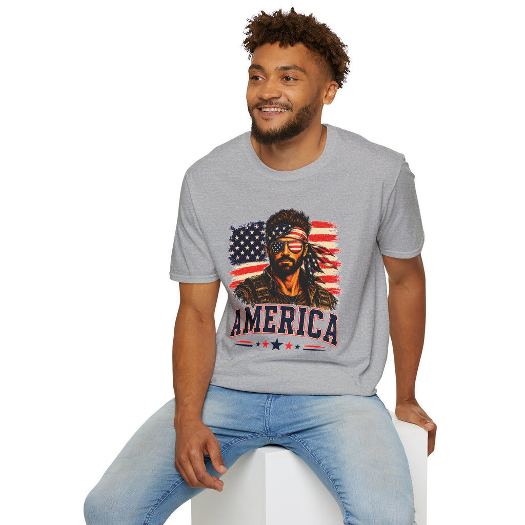 Patriotic Bandana Man T-Shirt — USA Flag Graphic Tee ("America")