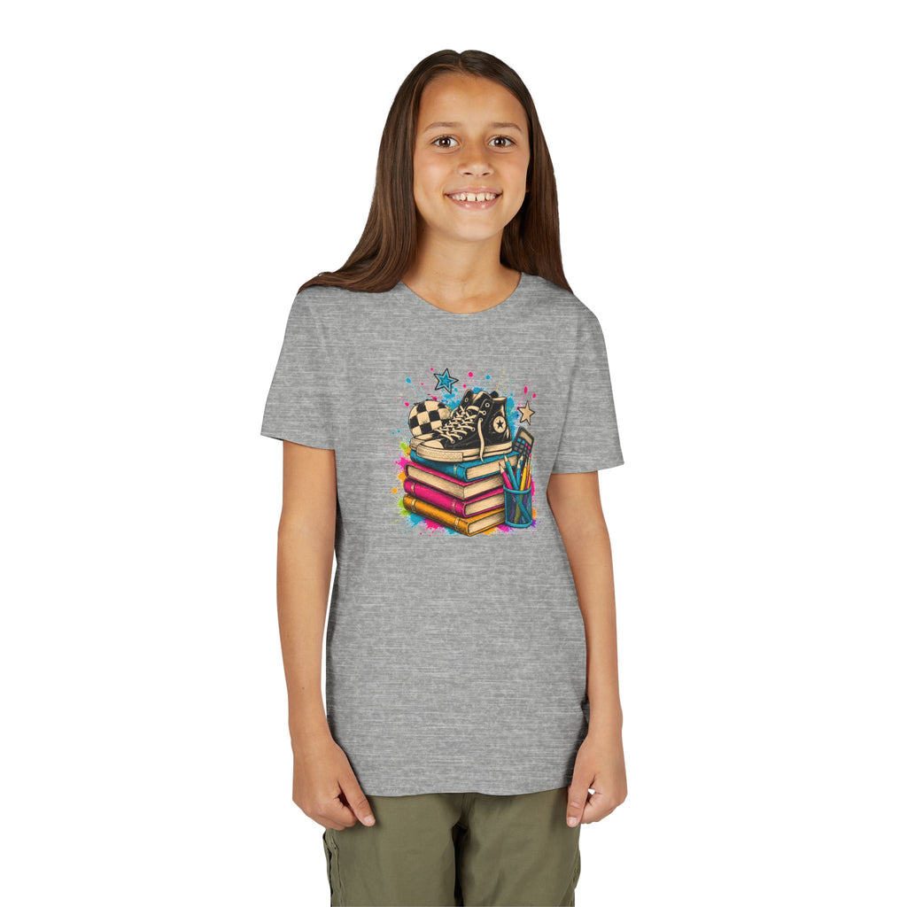 Kids Back-to-School Tee — Colorful Books, Sneakers & Pencils Graphic