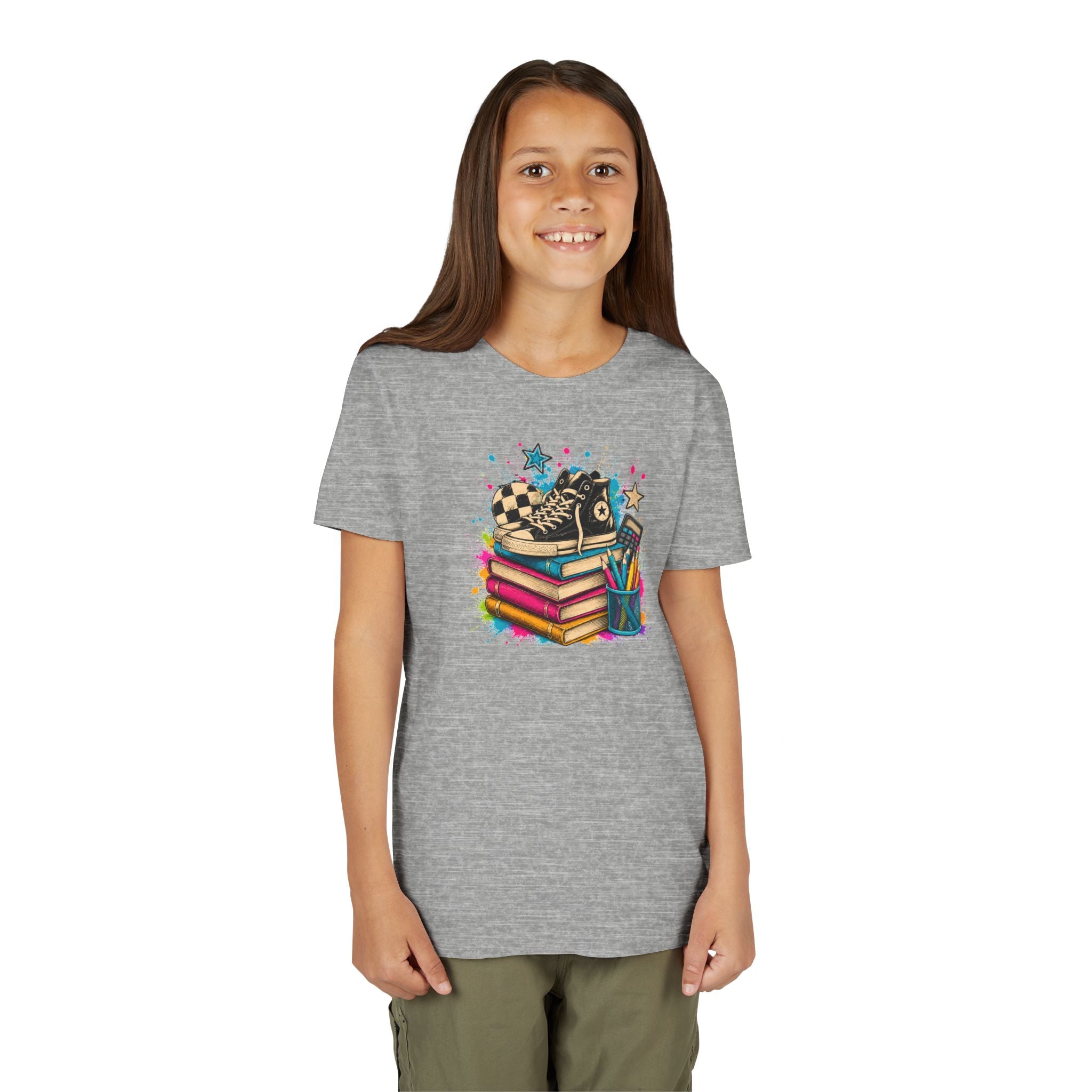 Kids Back-to-School Tee — Colorful Books, Sneakers & Pencils Graphic