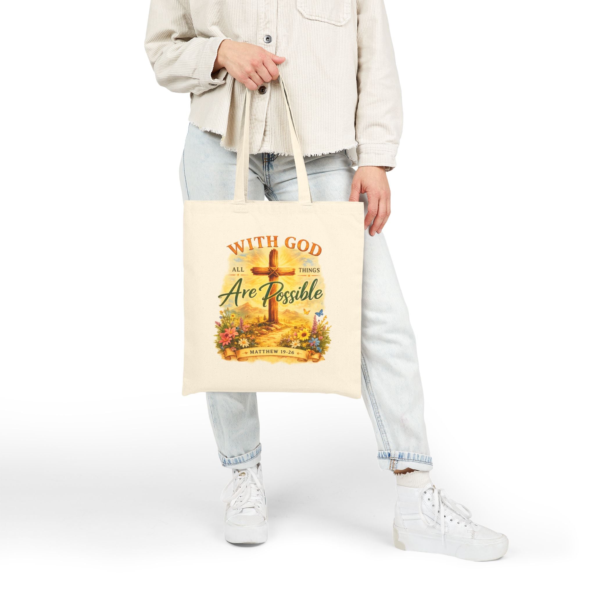 Christian Tote Bag – With God All Things Are Possible | Matthew 19:26 Faith Tote Bag | Religious Gift for Women
