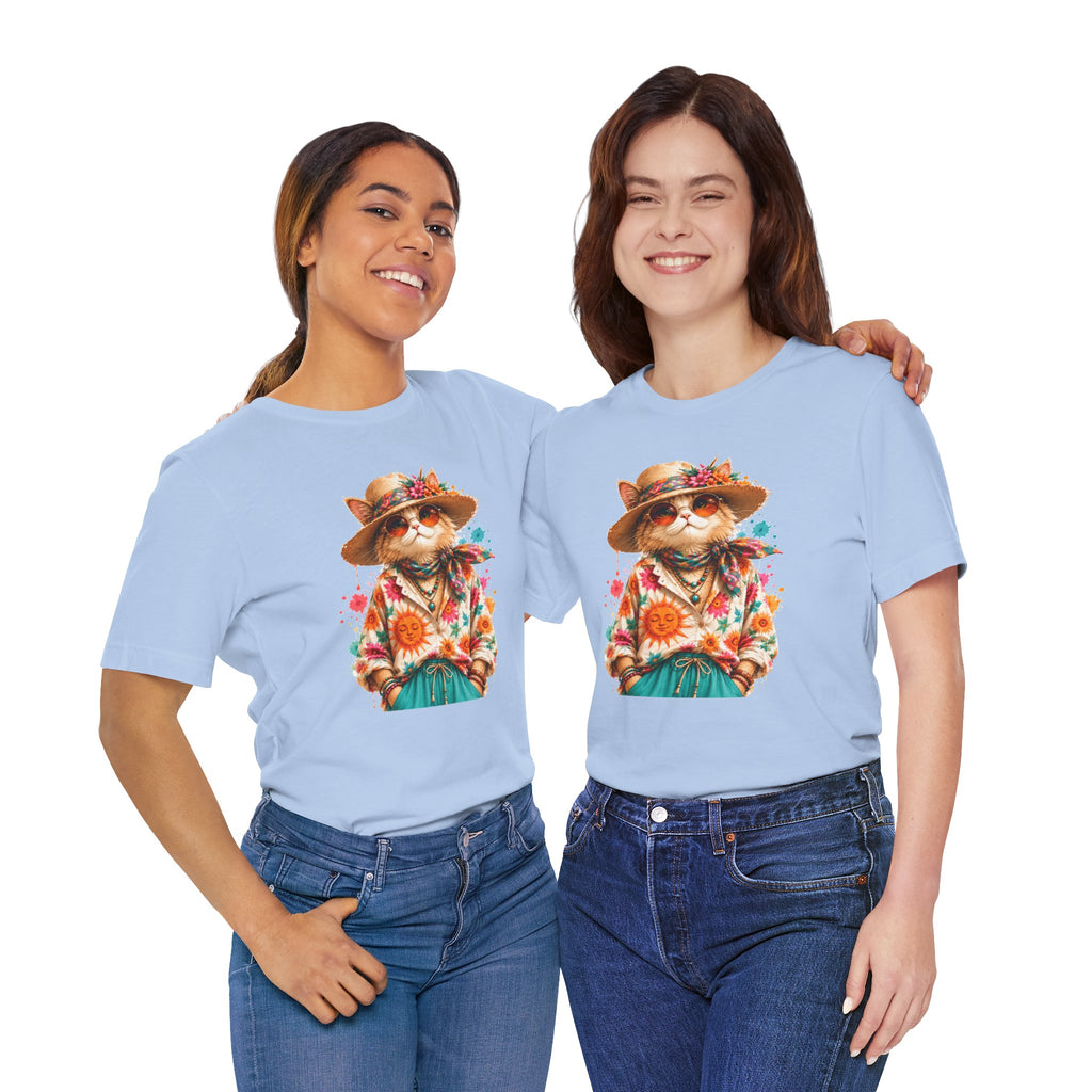 Boho Cat Graphic Tee — Floral Hat & Sunshine Cat T-Shirt