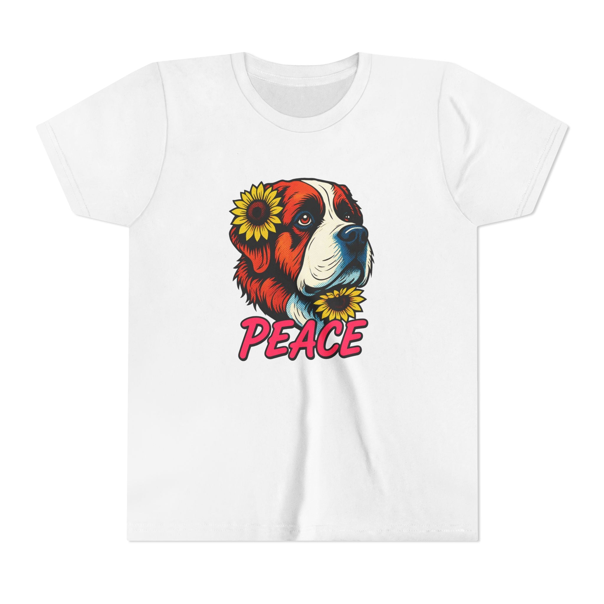 Youth Tee — Saint Bernard Dog with Sunflowers "Peace" Graphic