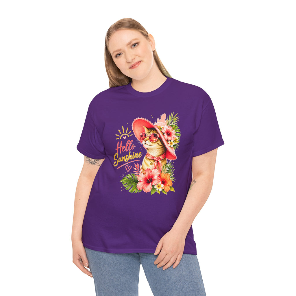 Hello Sunshine Cat Shirt | Cute Floral Cat T-Shirt | Tropical Summer Kitty Tee | Cat Lover Gift | Cute Women's Graphic Tee