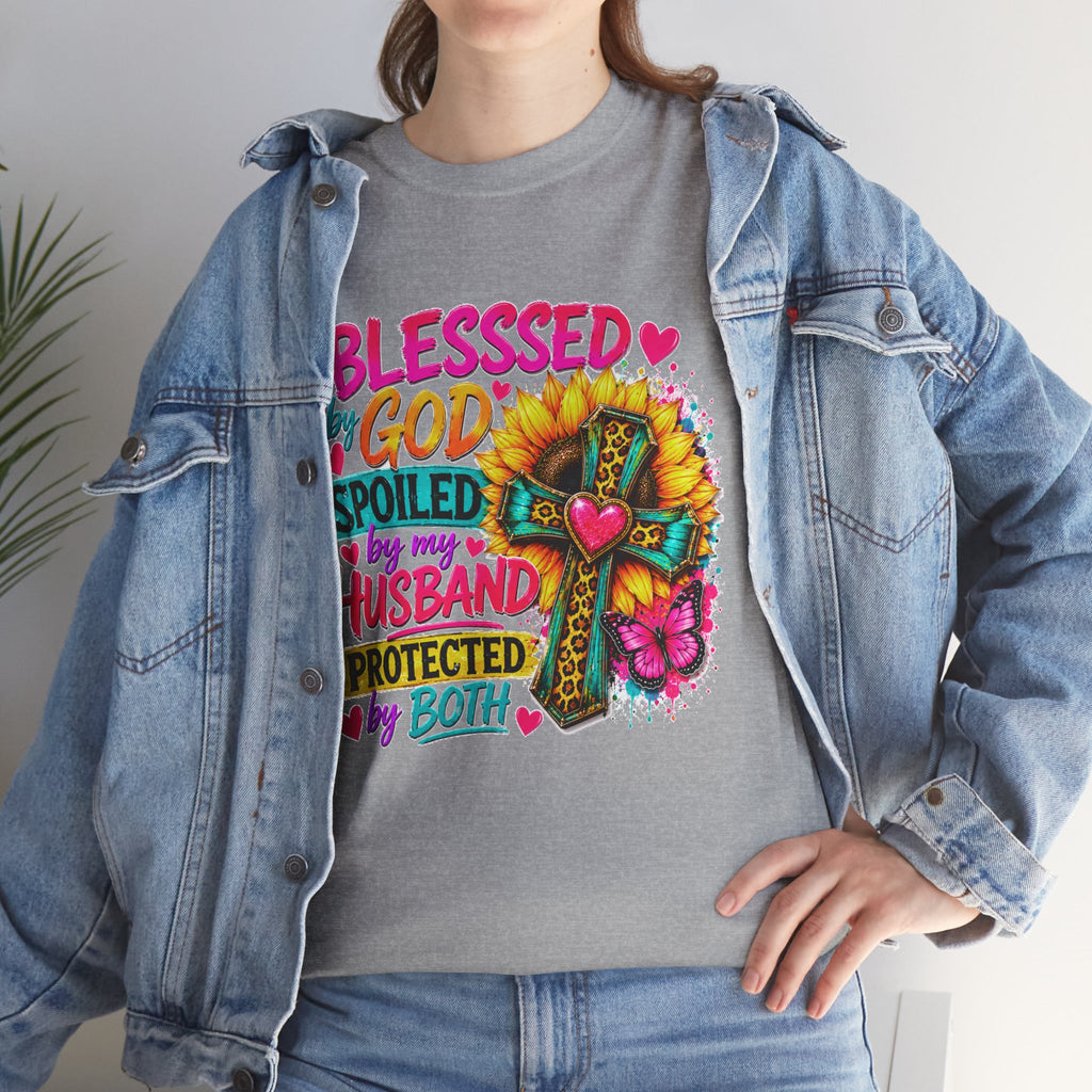 Blessed by God Spoiled by My Husband Tee — Christian Cross Floral Women's Shirt