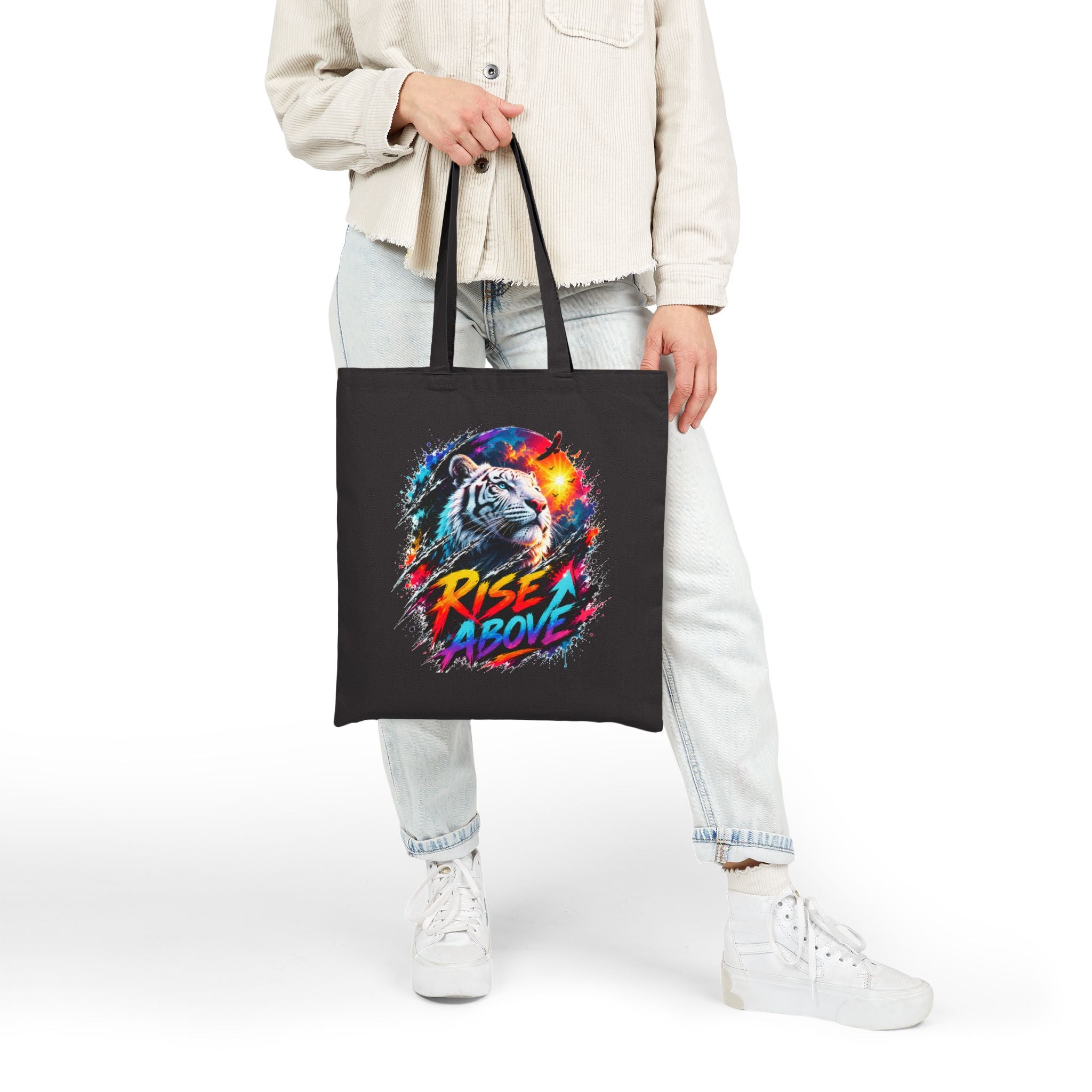 Rise Above Tiger Tote Bag | Colorful White Tiger Canvas Bag | Motivational Tote | Neon Animal Art | Reusable Shopping Bag | Gift for Tiger Lovers