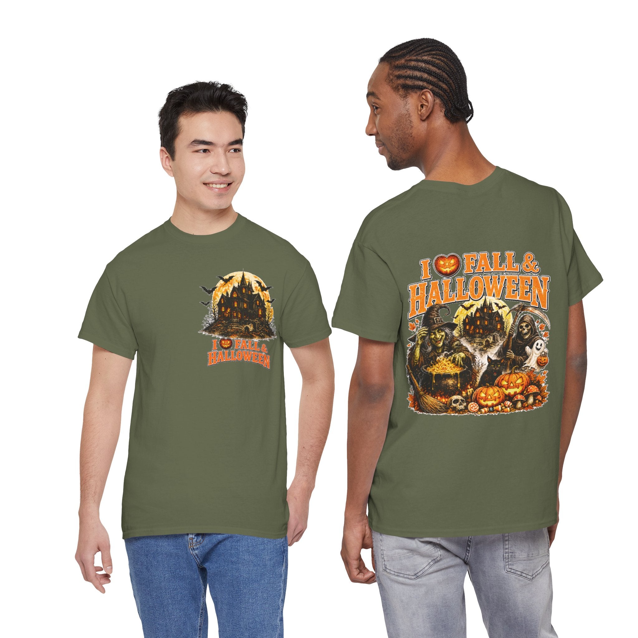 Halloween Fall Graphic Tee — "I  Fall & Halloween" Vintage Pumpkin & Spooky Characters Shirt