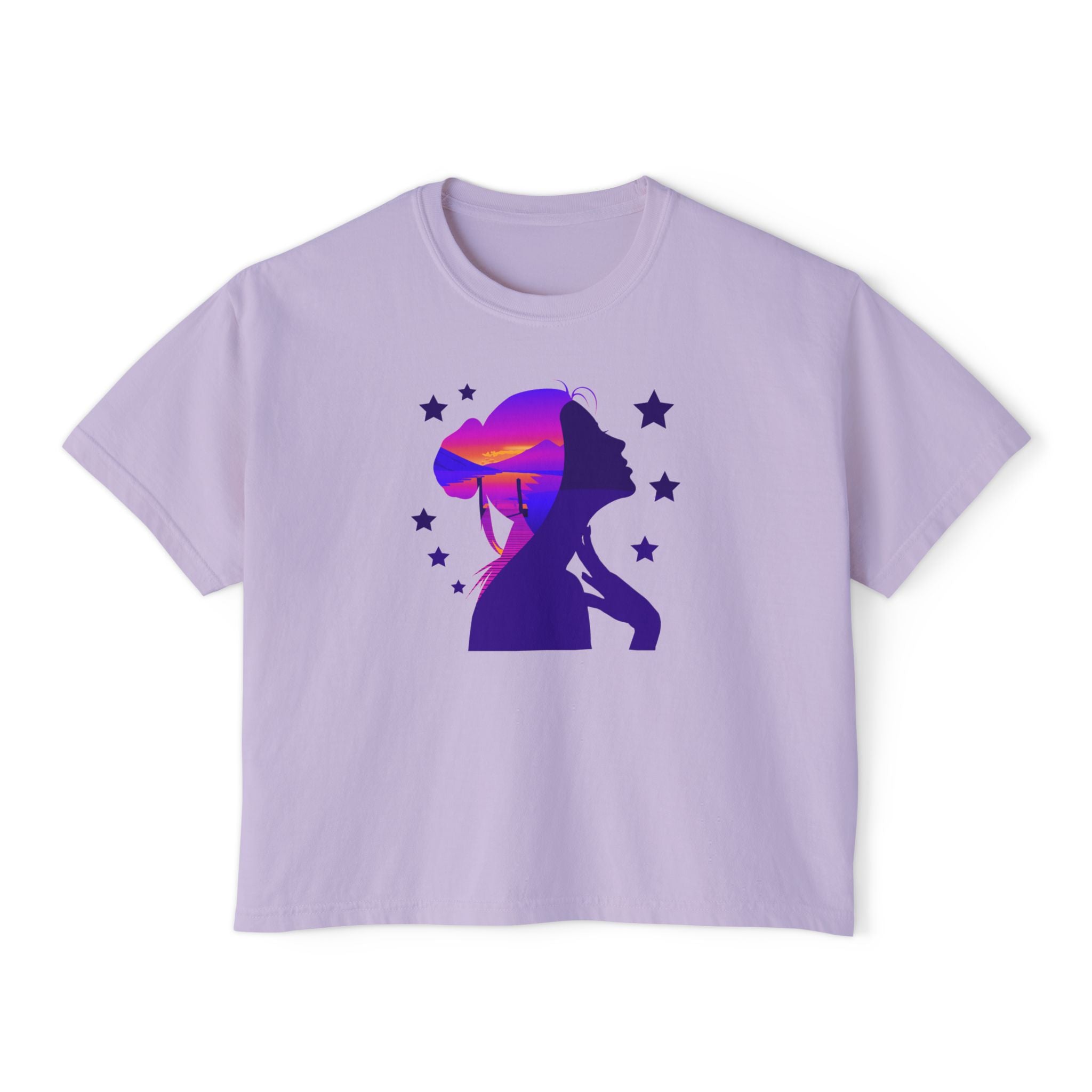 Women's Boxy Tee — Purple Sunset Silhouette Tee for Girls & Teens