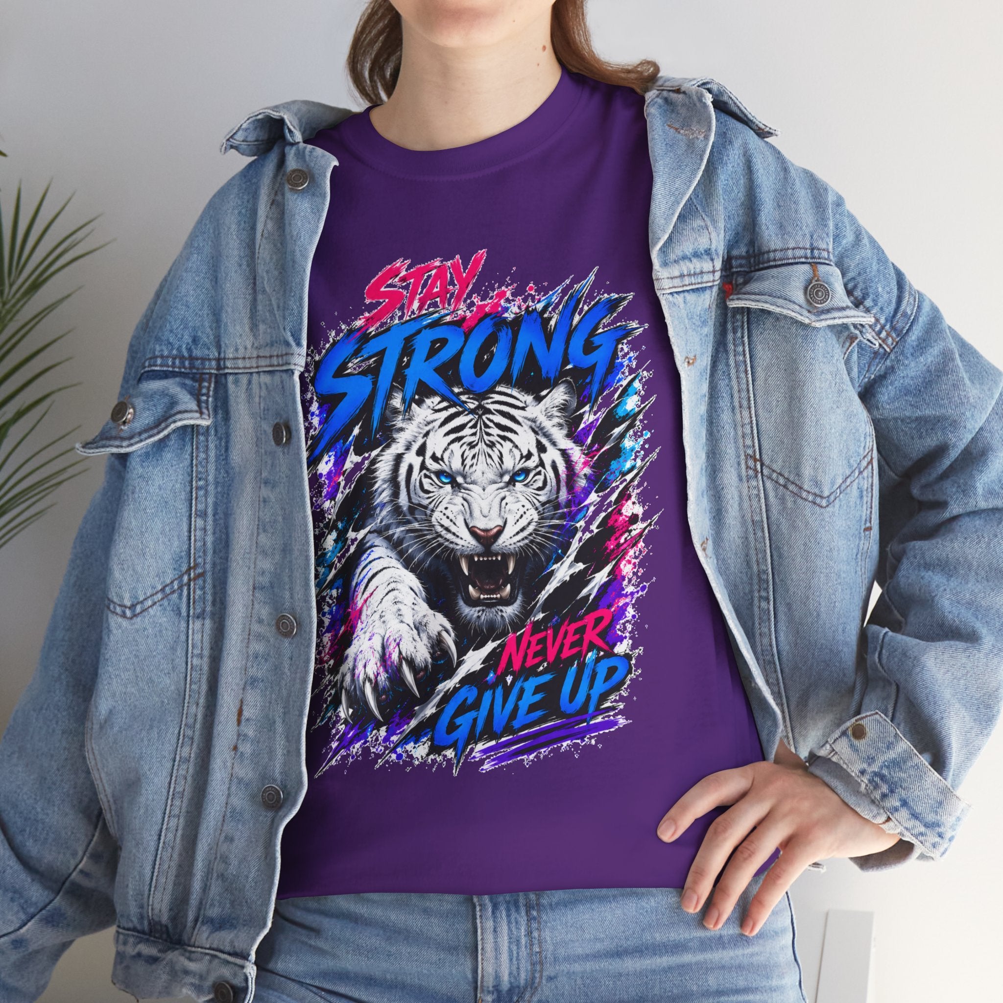 Stay Strong Never Give Up Tiger T-Shirt | White Tiger Graphic Tee | Motivational Unisex Shirt | Inspirational Animal Tee | Gift for Tiger Lovers