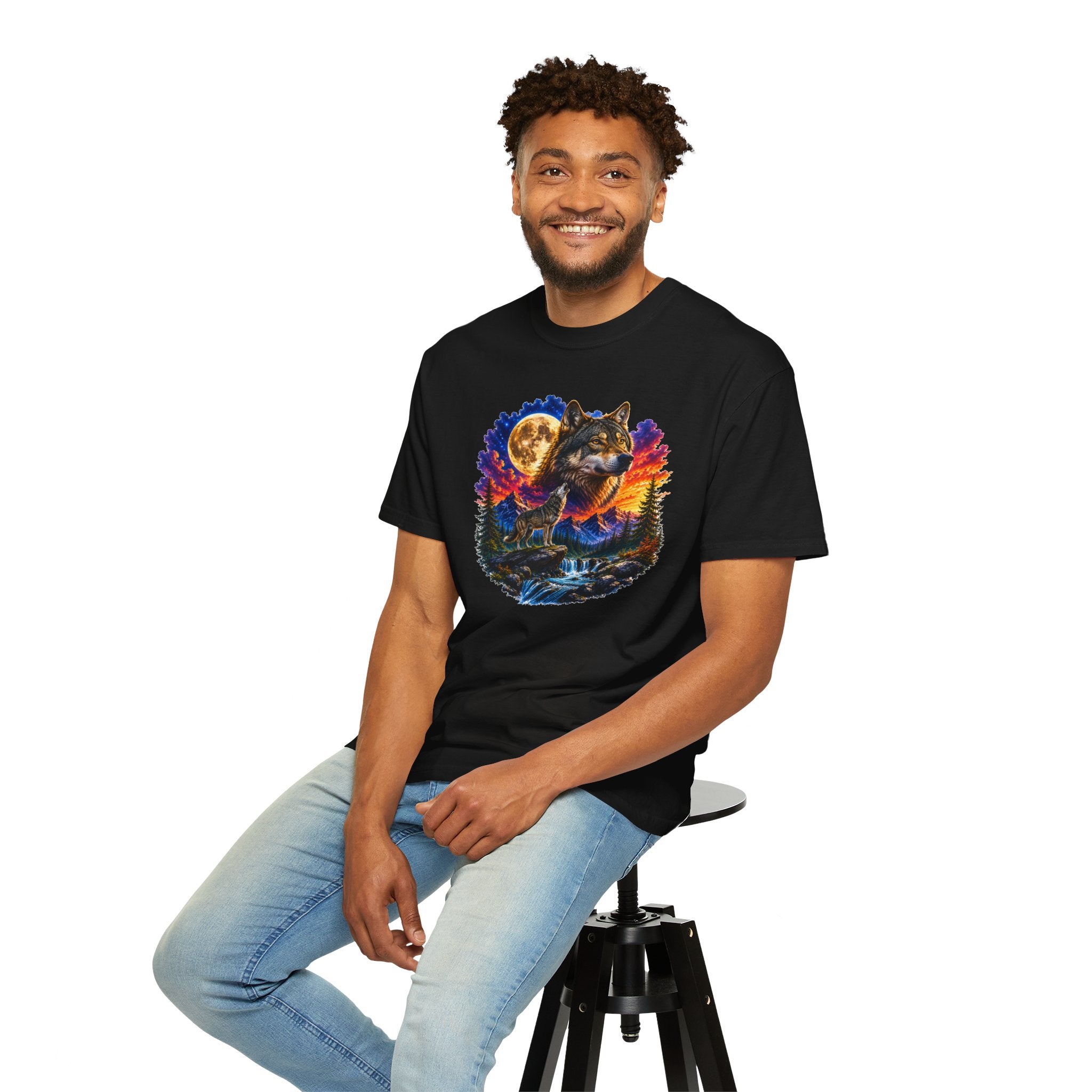 Colorful Wolf Moon T-Shirt, Nature Lover Gift, Howling Wolf Graphic Tee, Mountain Forest Shirt, Wildlife Adventure Tee