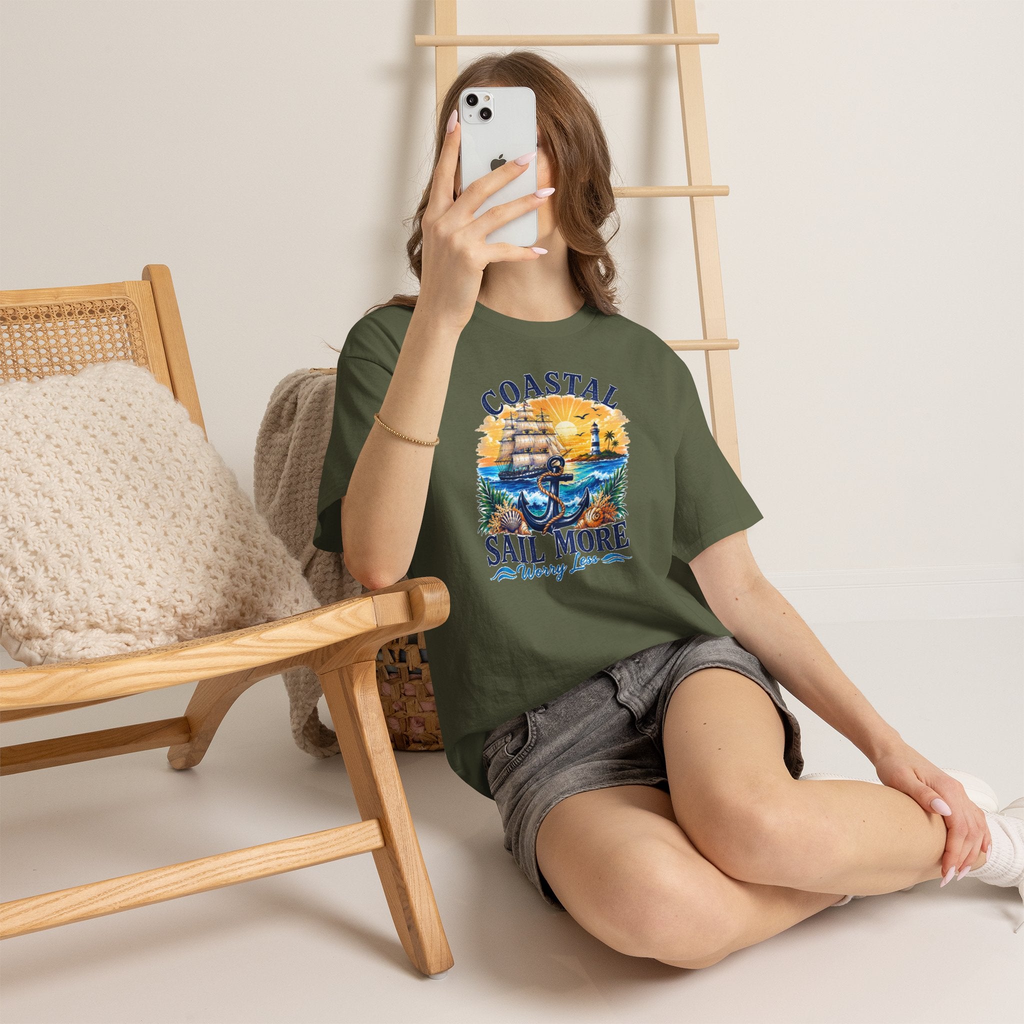Coastal Sail More Worry Less T-Shirt | Nautical Beach Graphic Tee | Sailing Lover Shirt | Ocean Sunset Gift