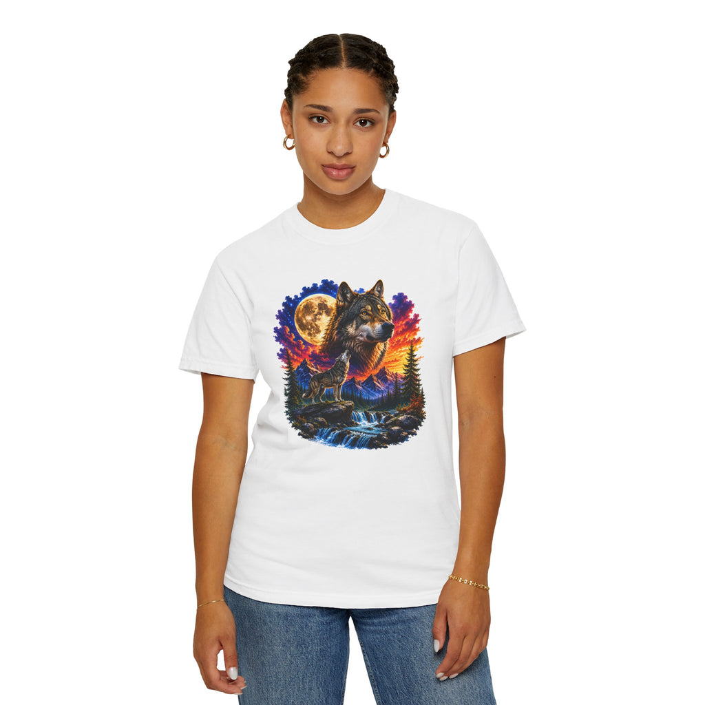 Colorful Wolf Moon T-Shirt, Nature Lover Gift, Howling Wolf Graphic Tee, Mountain Forest Shirt, Wildlife Adventure Tee